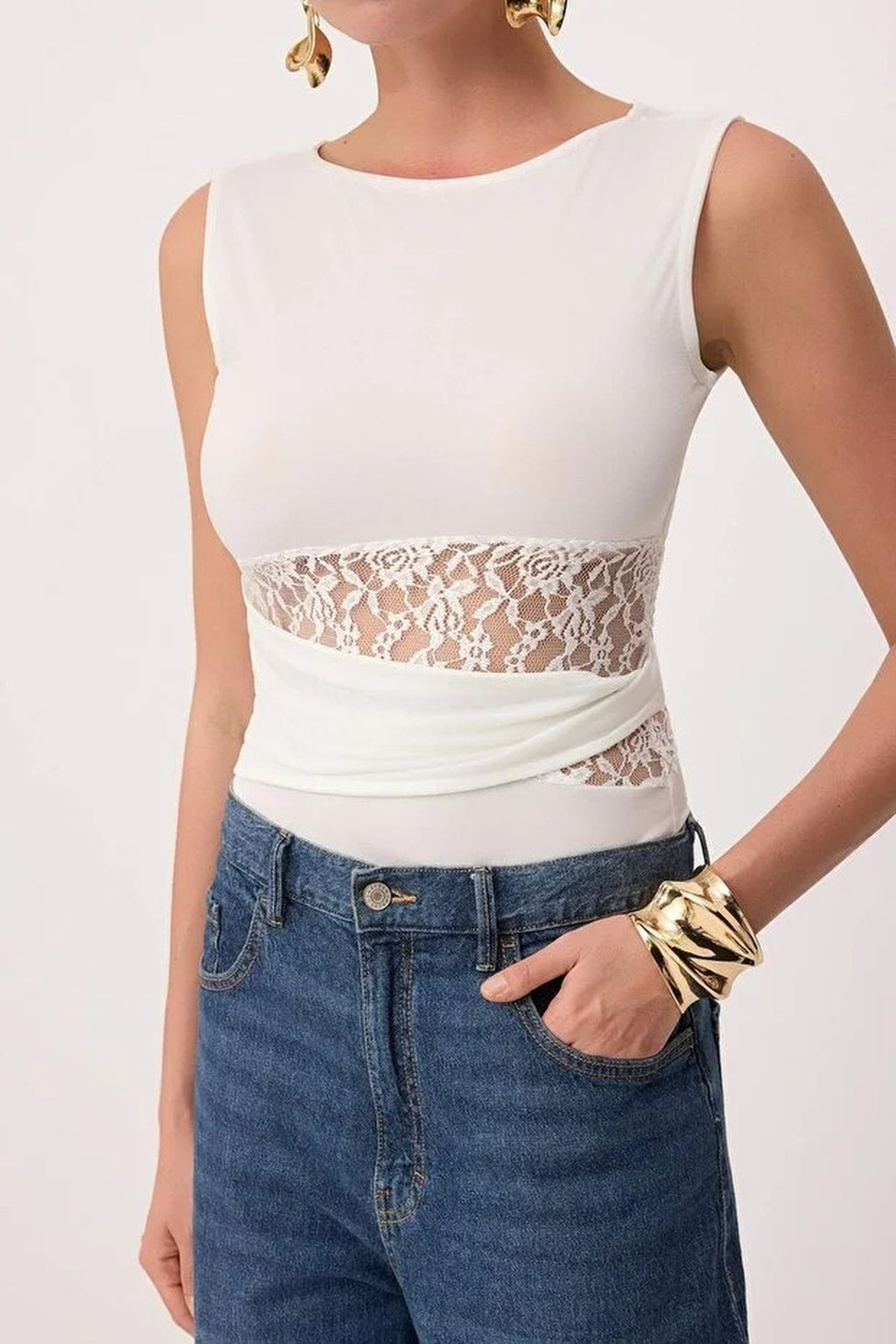 Lace Detail Transparent Knitted Bodysuit