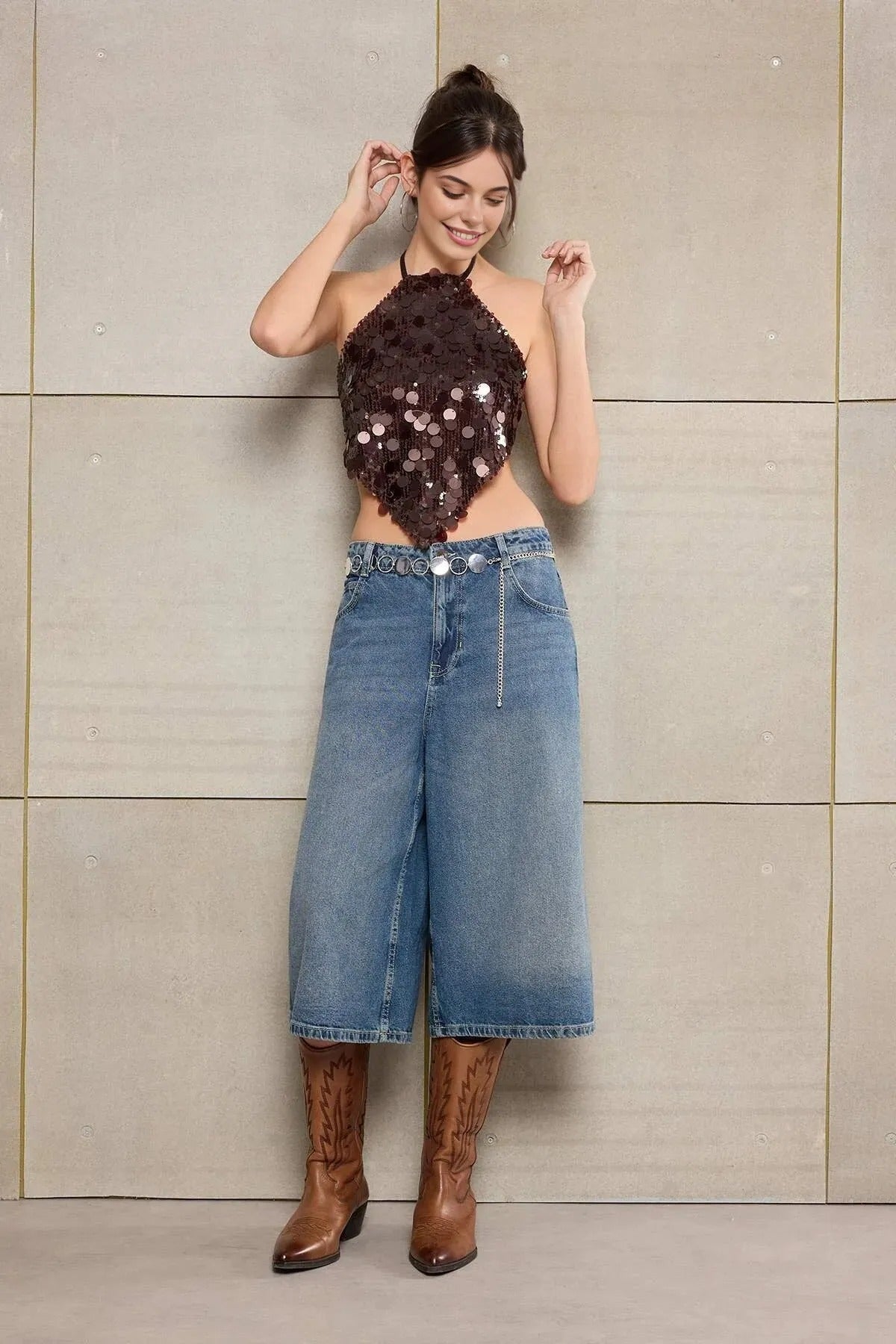 Backless Sequin Embellished Bustier
