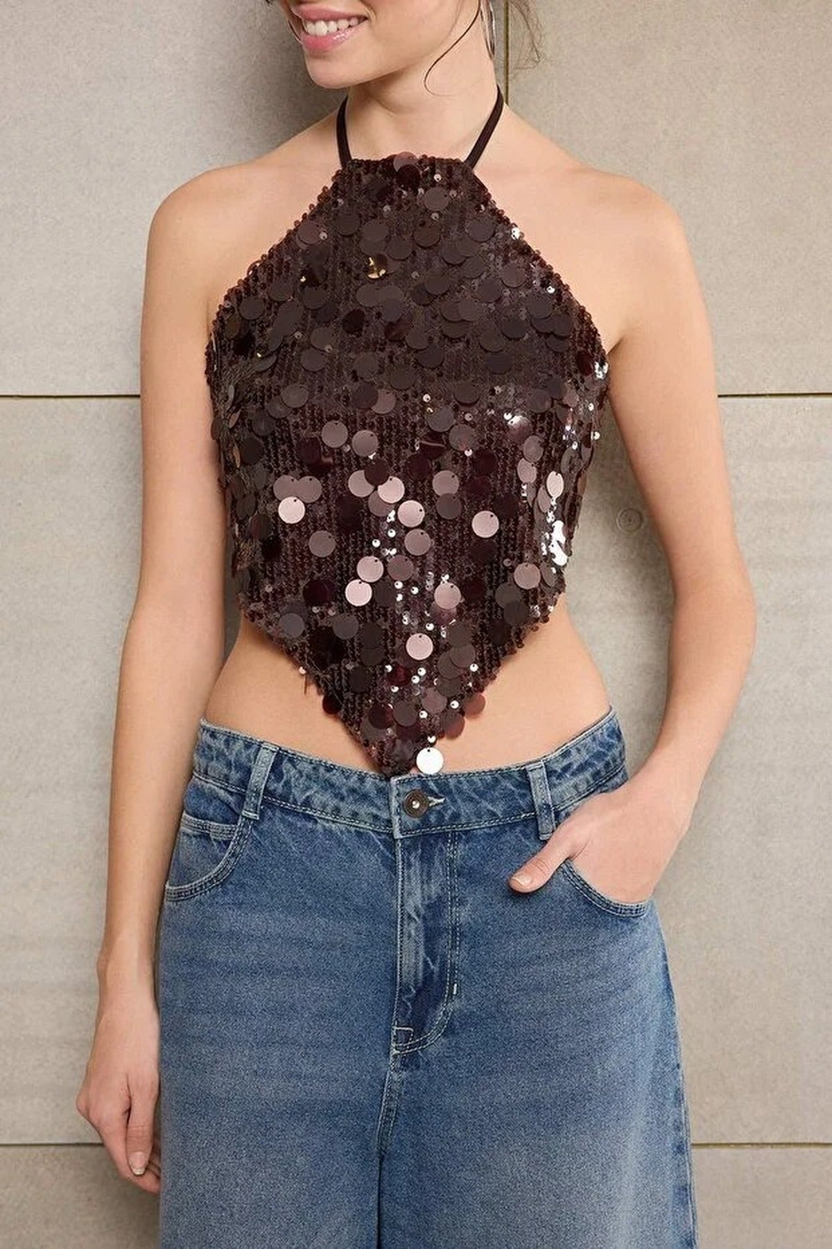 Backless Sequin Embellished Bustier