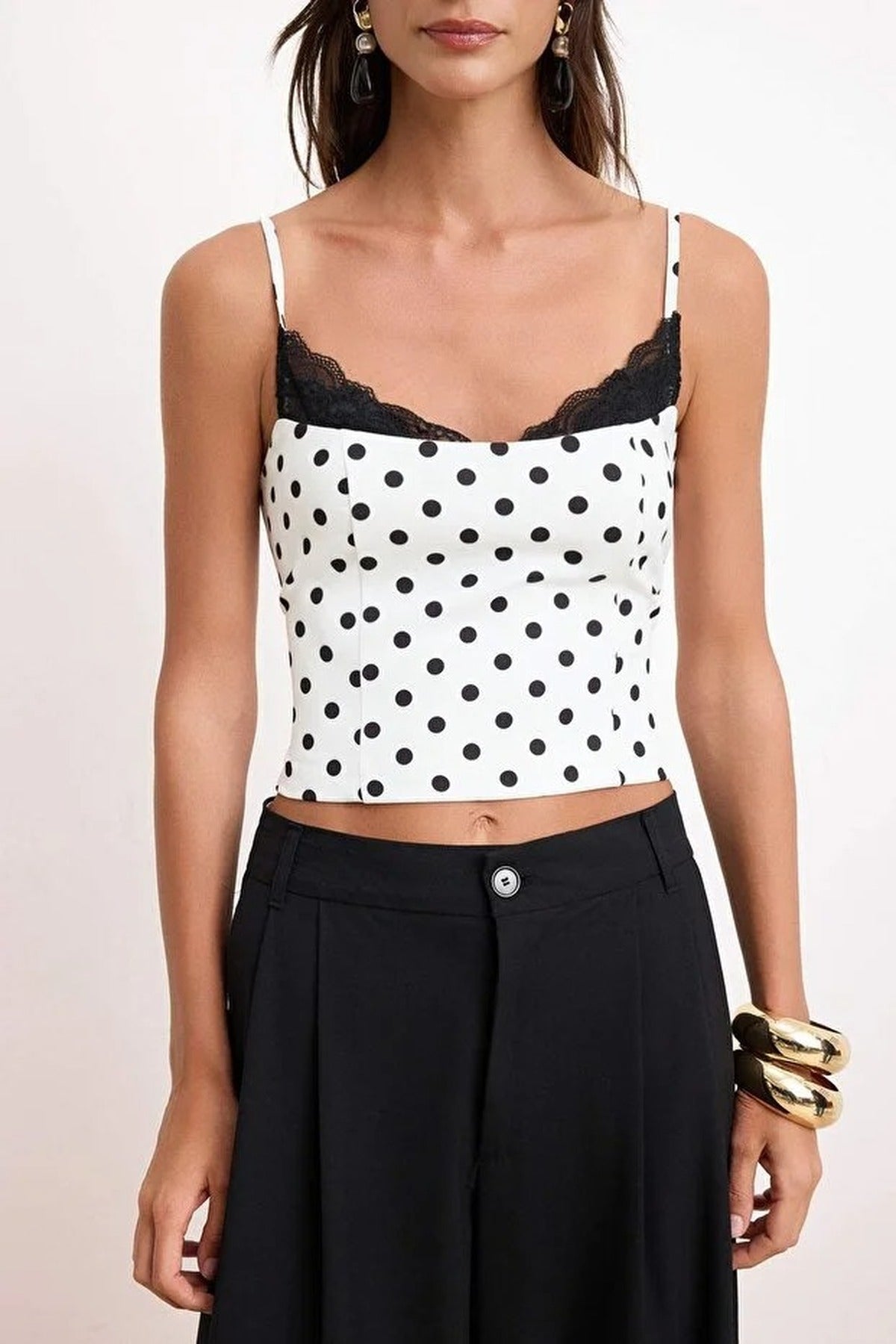 Polka Dot Lace Detail Sweetheart Neck Bustier Top