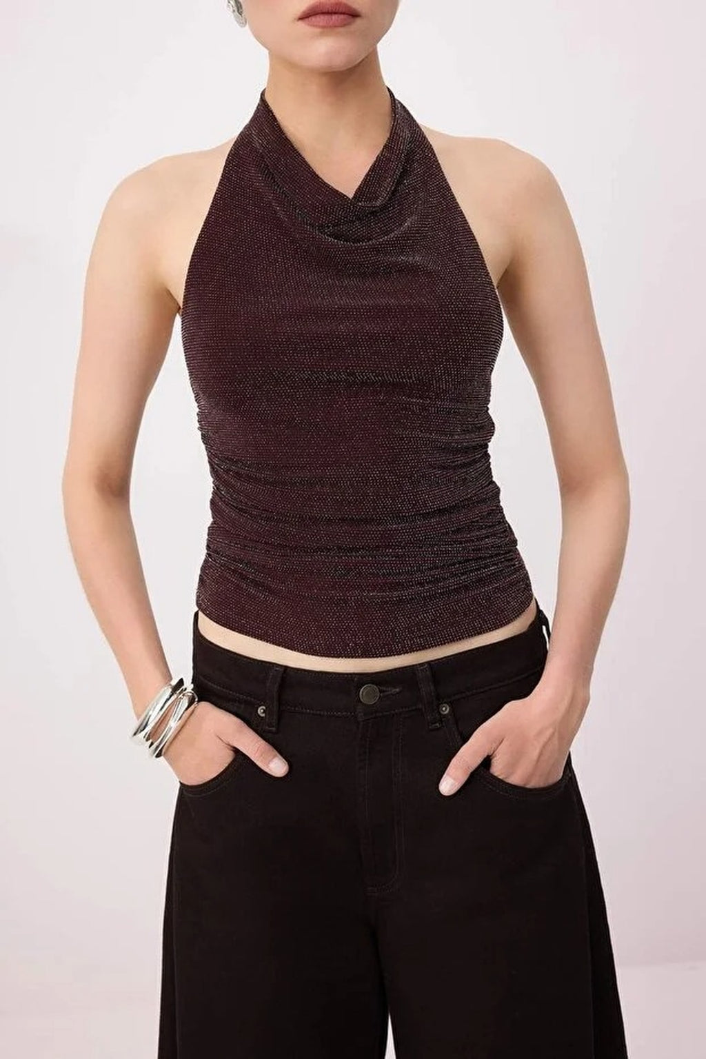 V-Neck Sleeveless Knitted Glittery Party Blouse