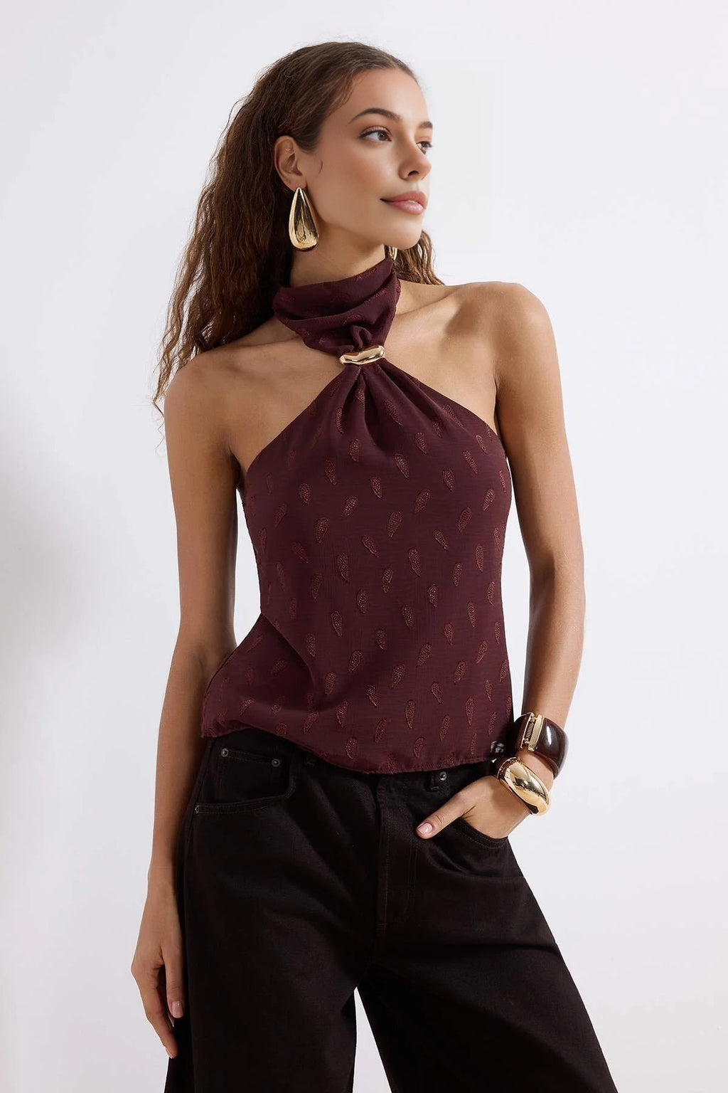 High-Neck Blouse with Accessory Details