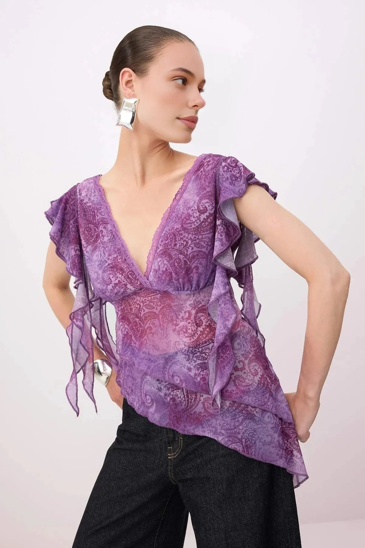 Asymmetrical Tulle Blouse with Lace Details