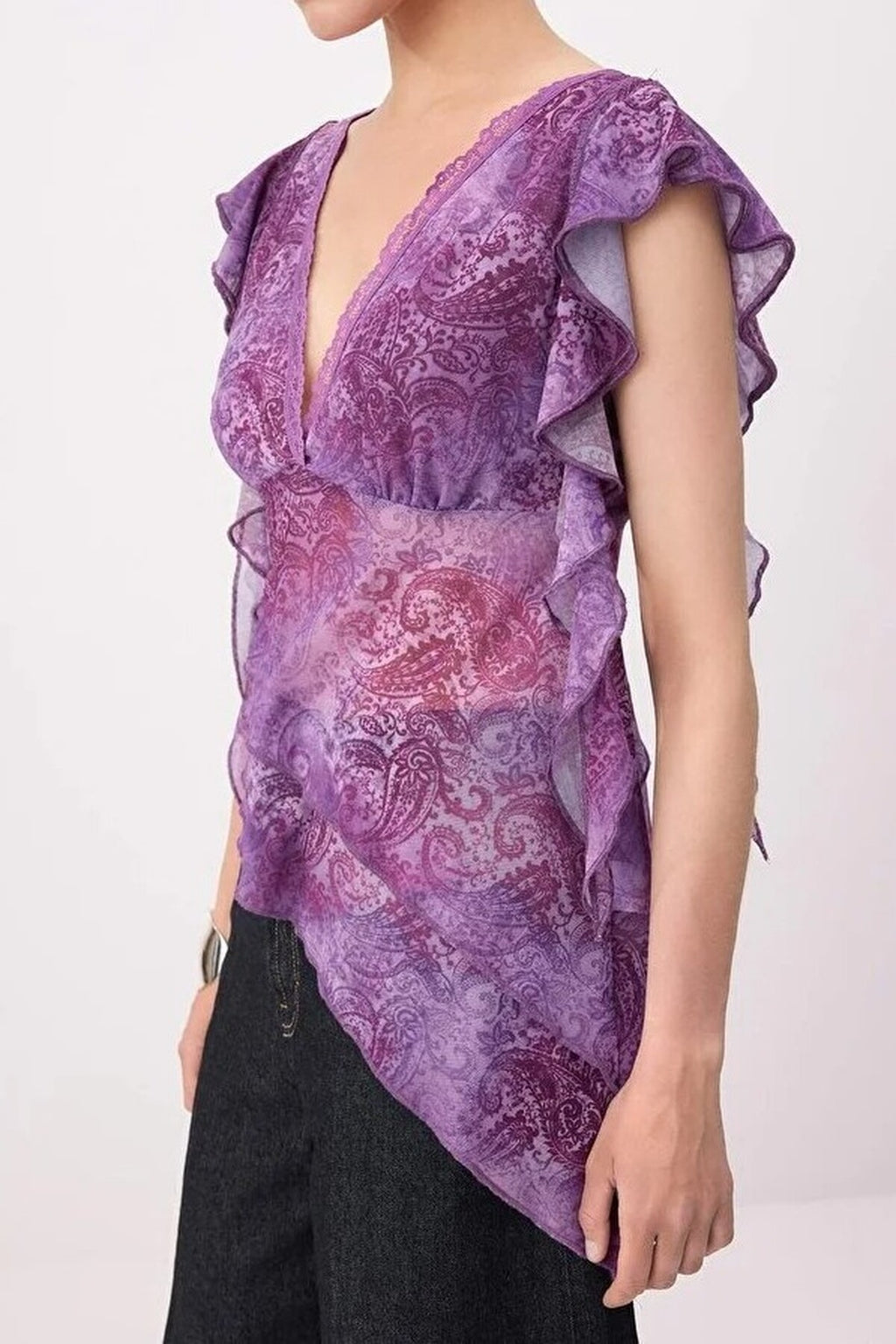 Asymmetrical Tulle Blouse with Lace Details