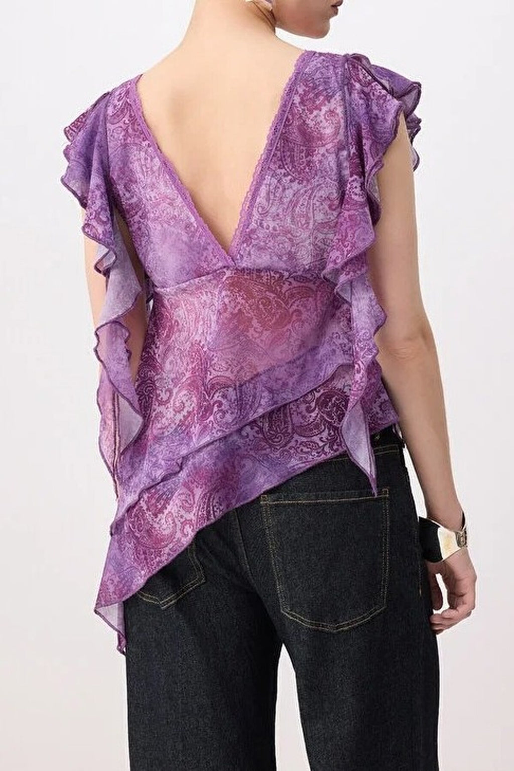 Asymmetrical Tulle Blouse with Lace Details