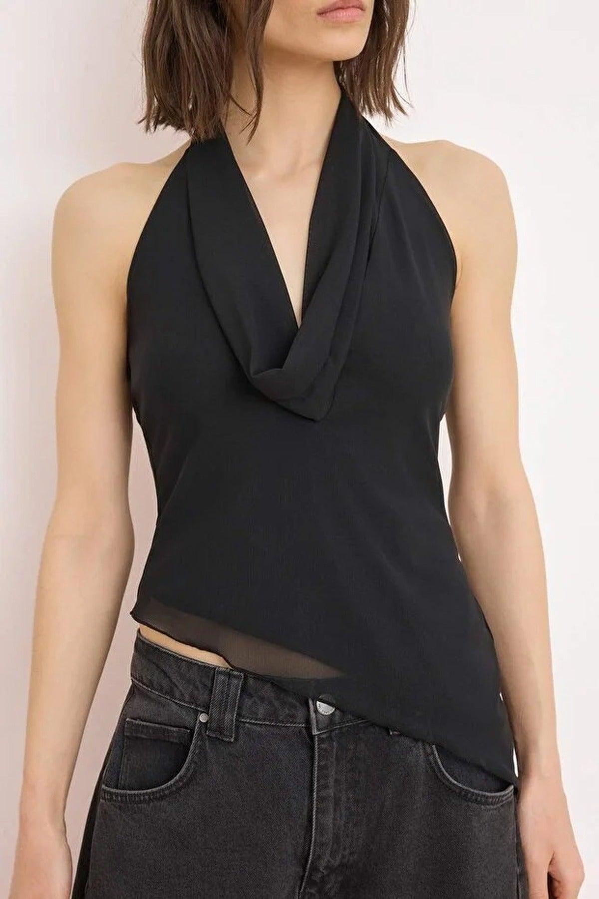 V-Neck Asymmetrical Cut Tulle Party Blouse