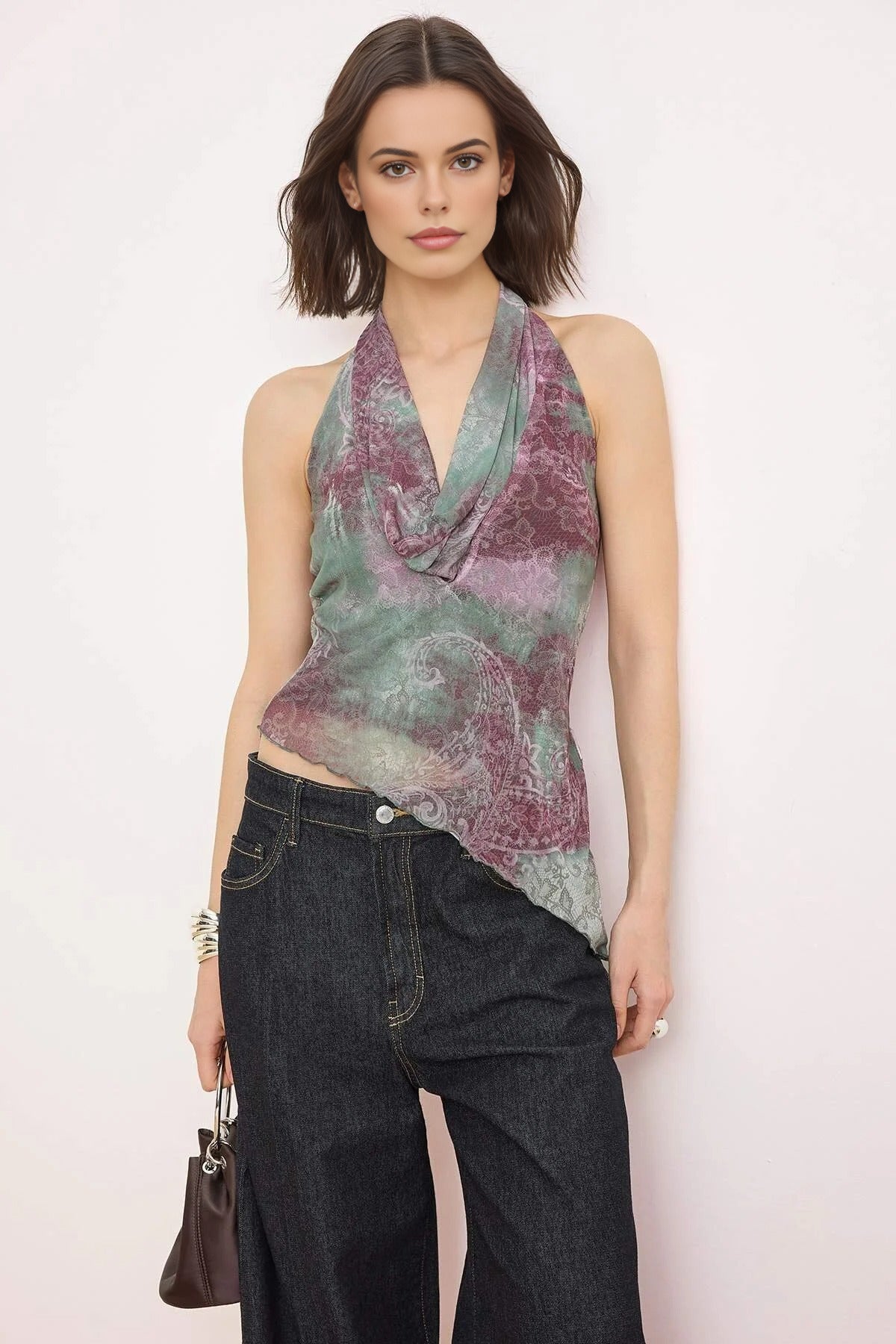 V-Neck Asymmetrical Cut Tulle Party Blouse