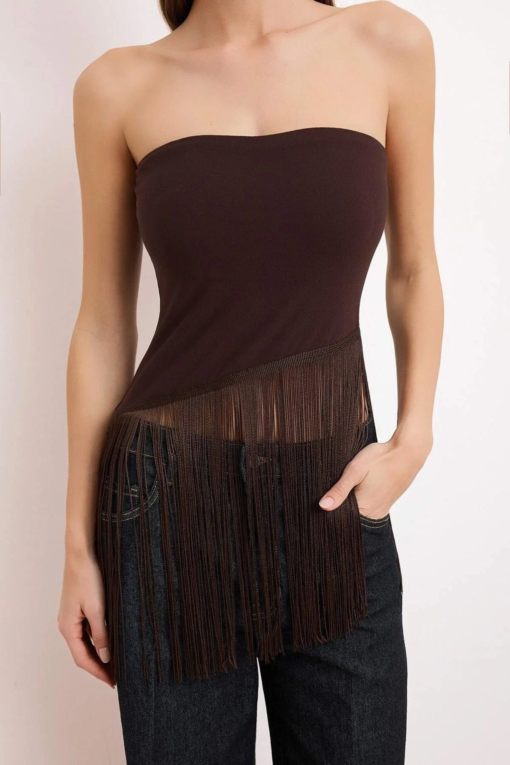 Strapless Fitted Tassel Detail Blouse