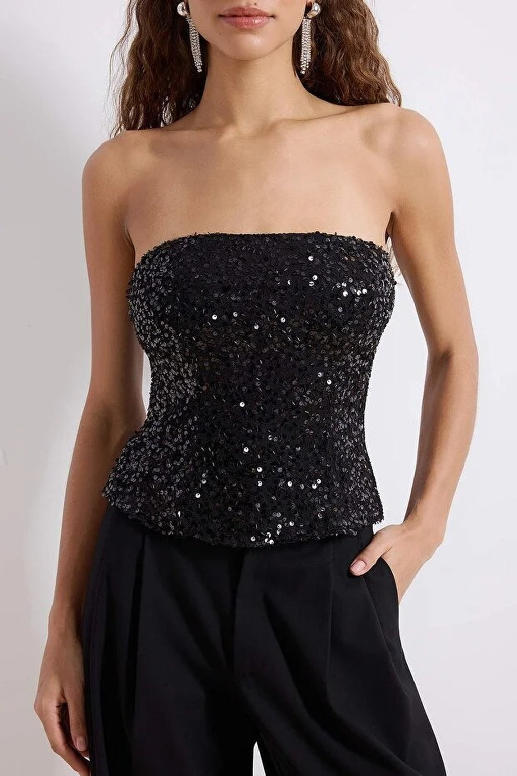 Strapless Neckline Sequin Party Blouse