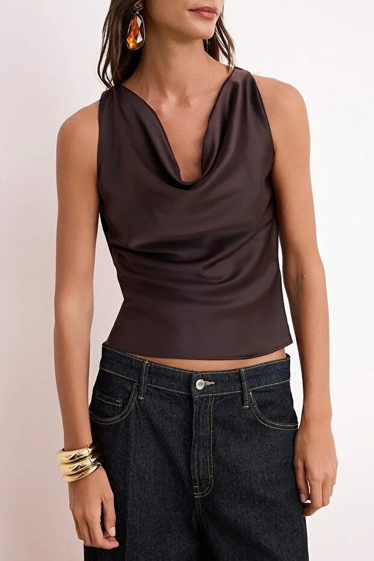 Plain V-Neck Sleeveless Woven Satin Blouse