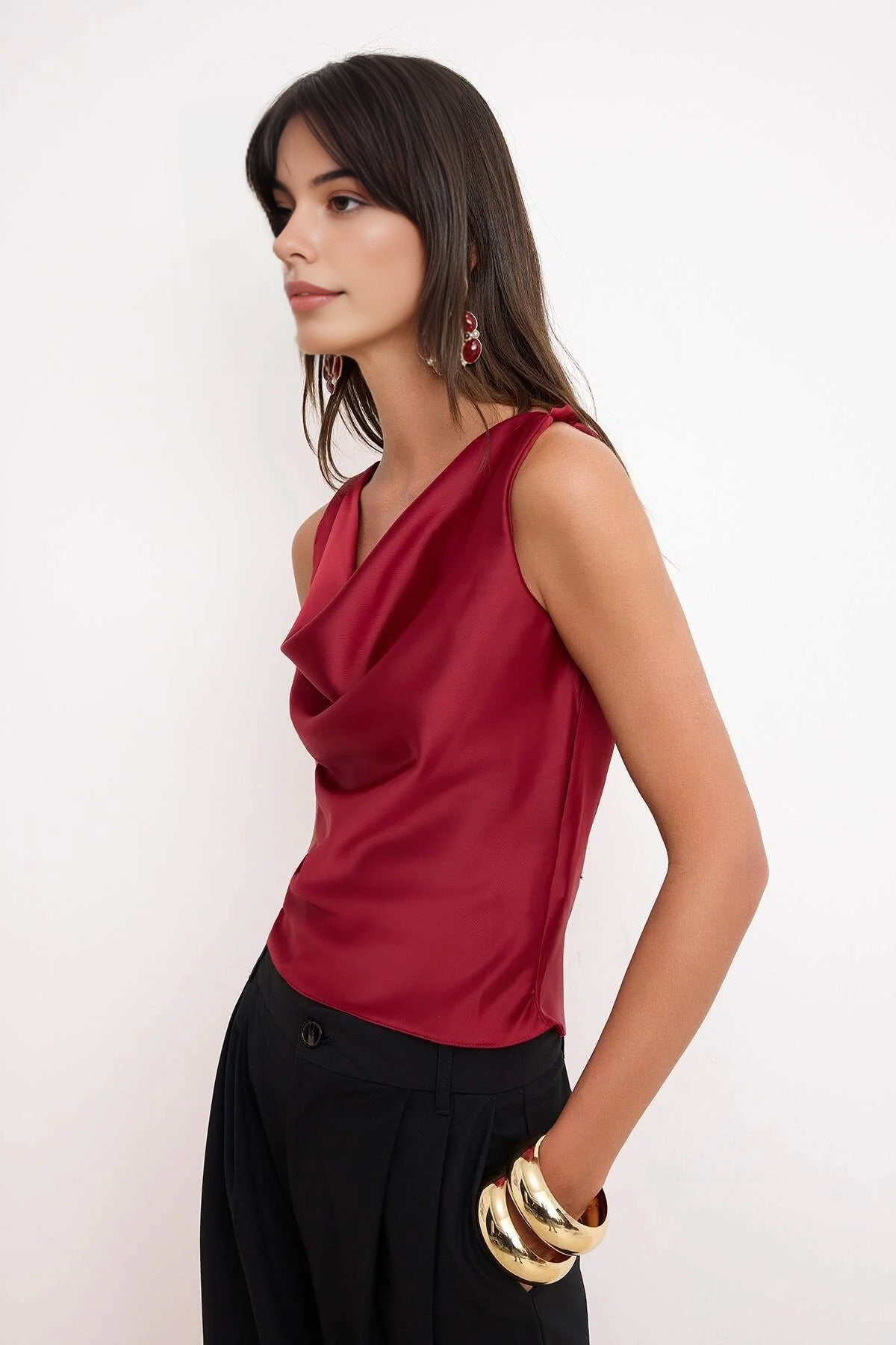 Plain V-Neck Sleeveless Woven Satin Blouse