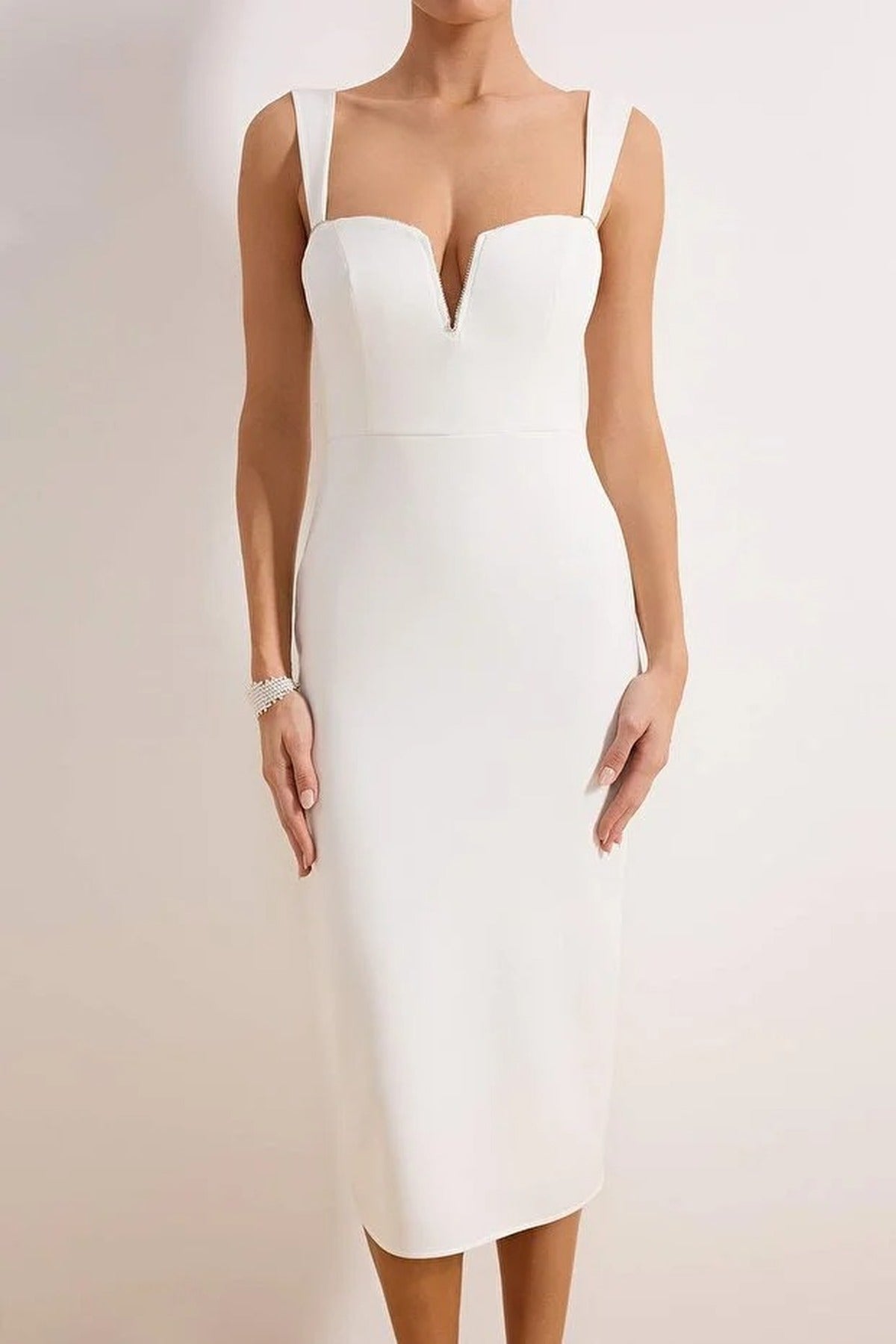 Stone Embellished Sweetheart Neckline Bodycon Midi Dress