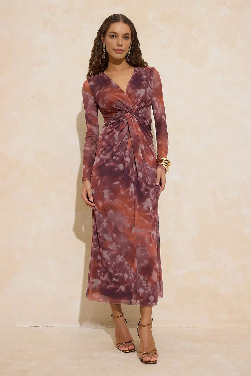Abstract Floral Pattern Lined Tulle Maxi Dress