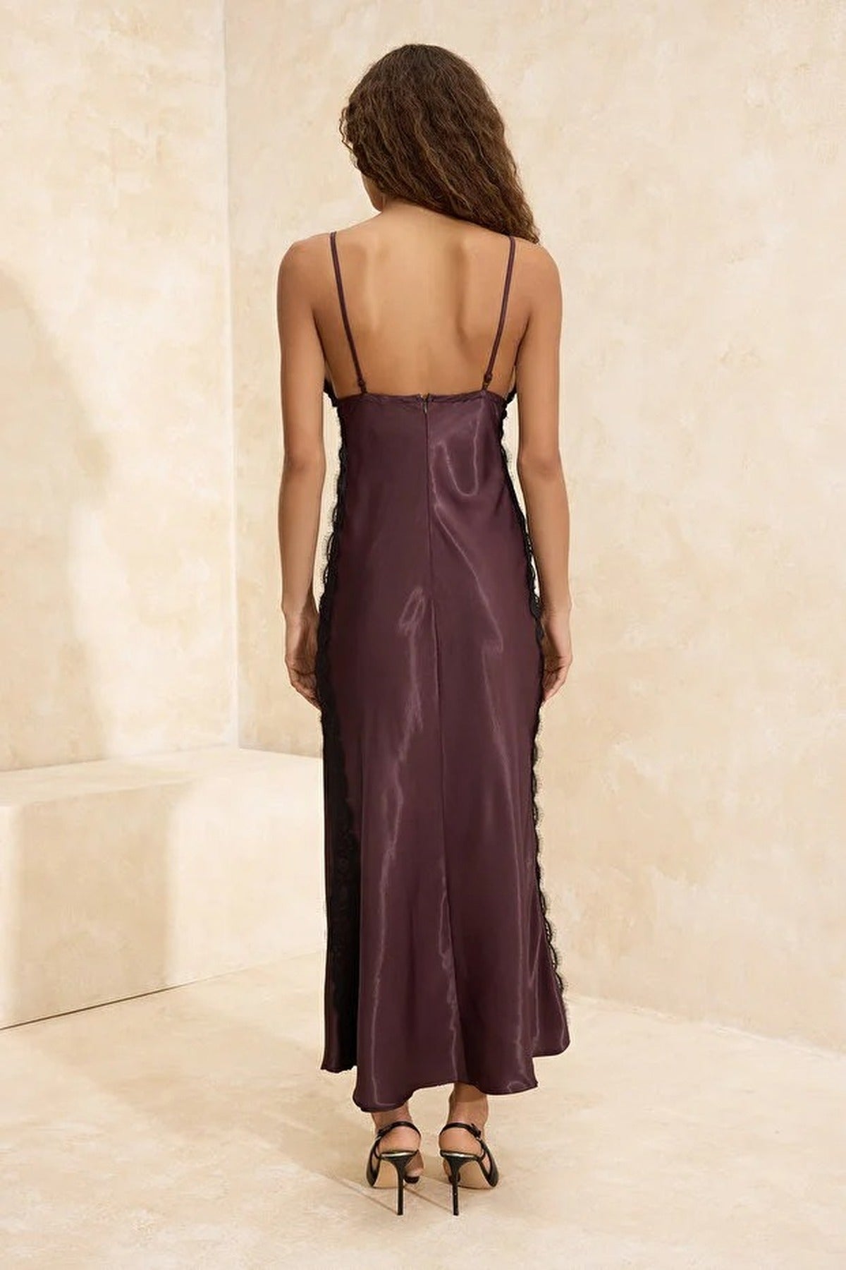 Woven Satin Maxi Dress with Lace Details