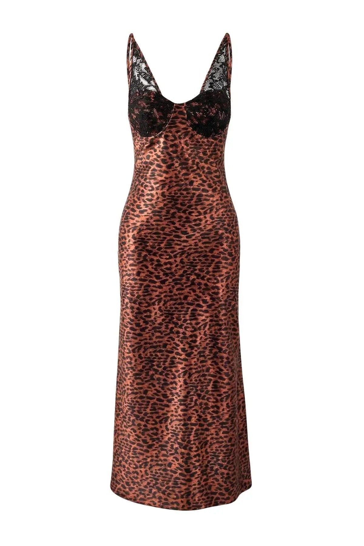 Animal Print Lace Detail Woven Satin Midi Elegant Dress