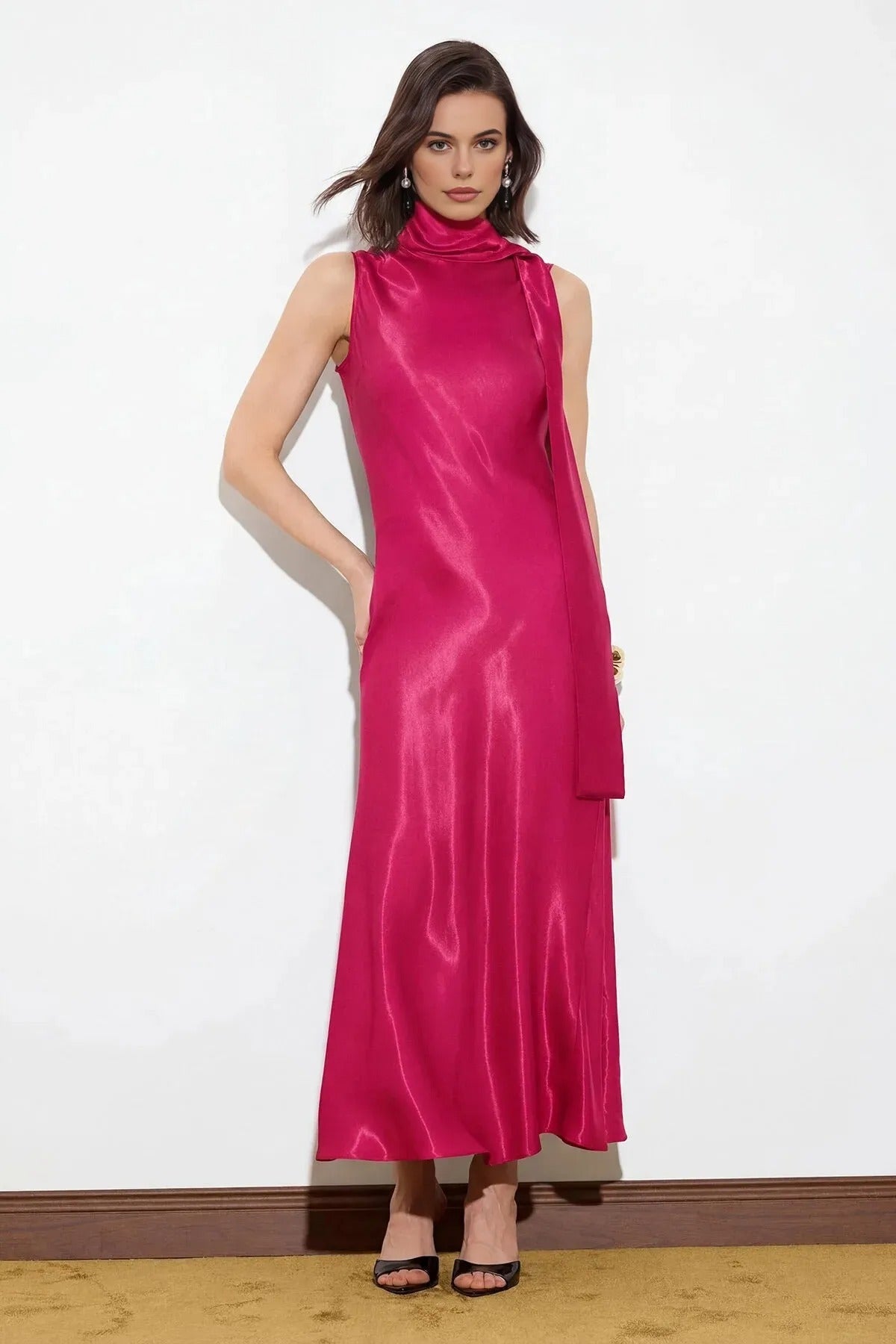 Satin Midi Dress with Scarf Detail