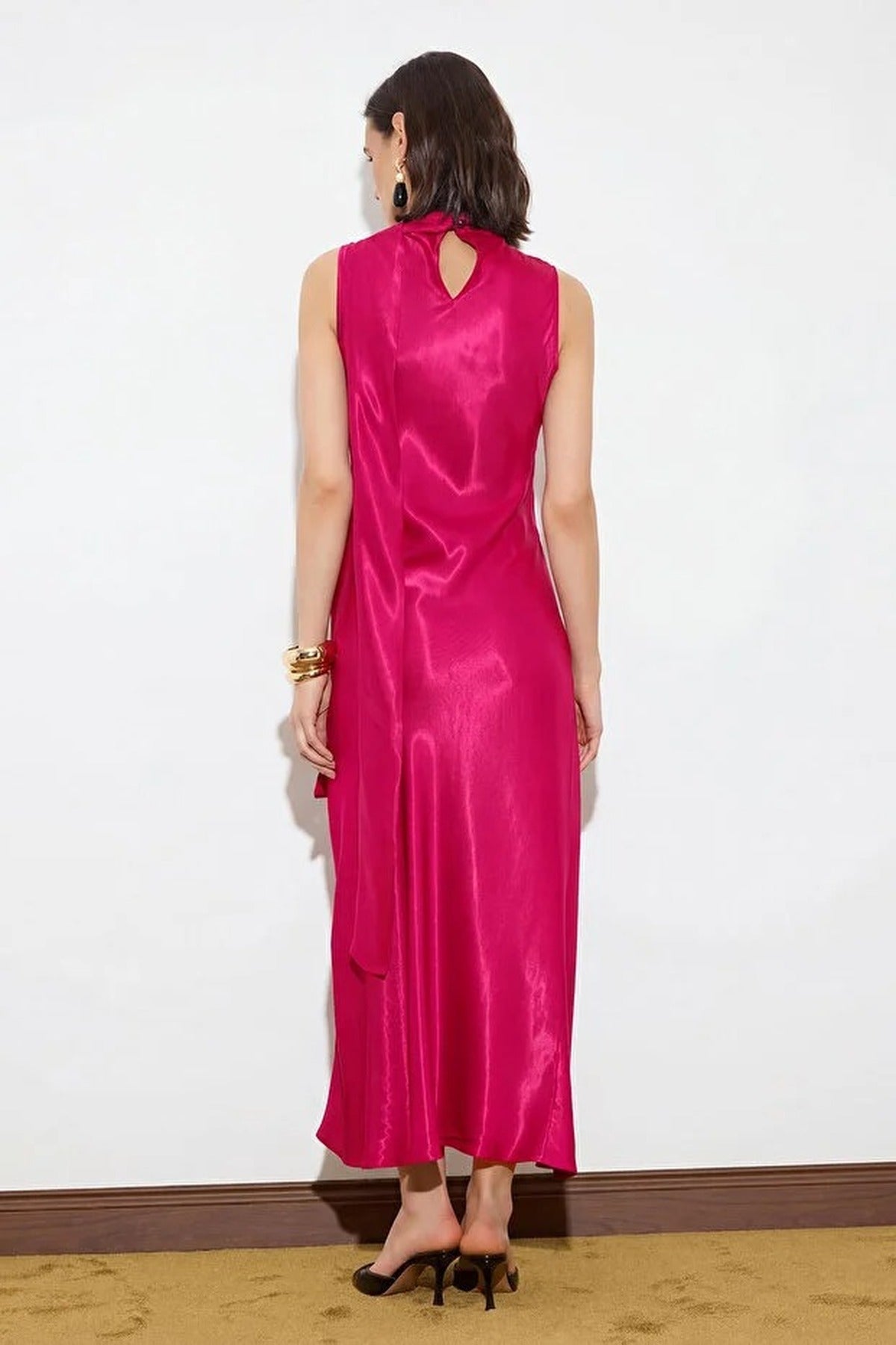 Satin Midi Dress with Scarf Detail