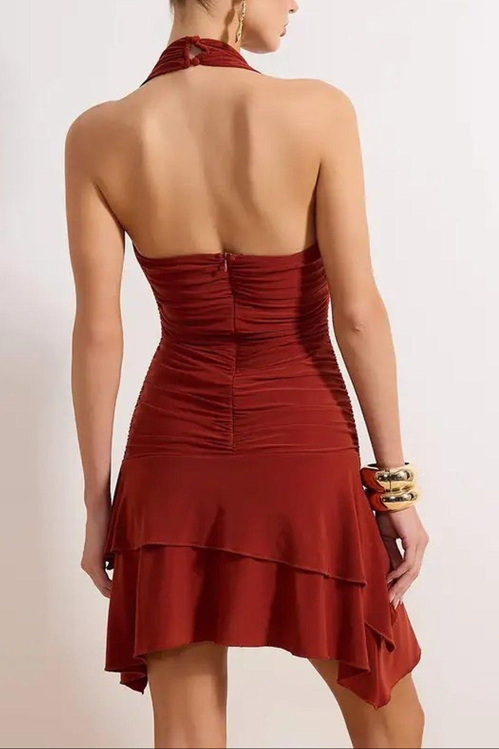 Halter Neck Ruched Detail Mini Dress with Flared Hem