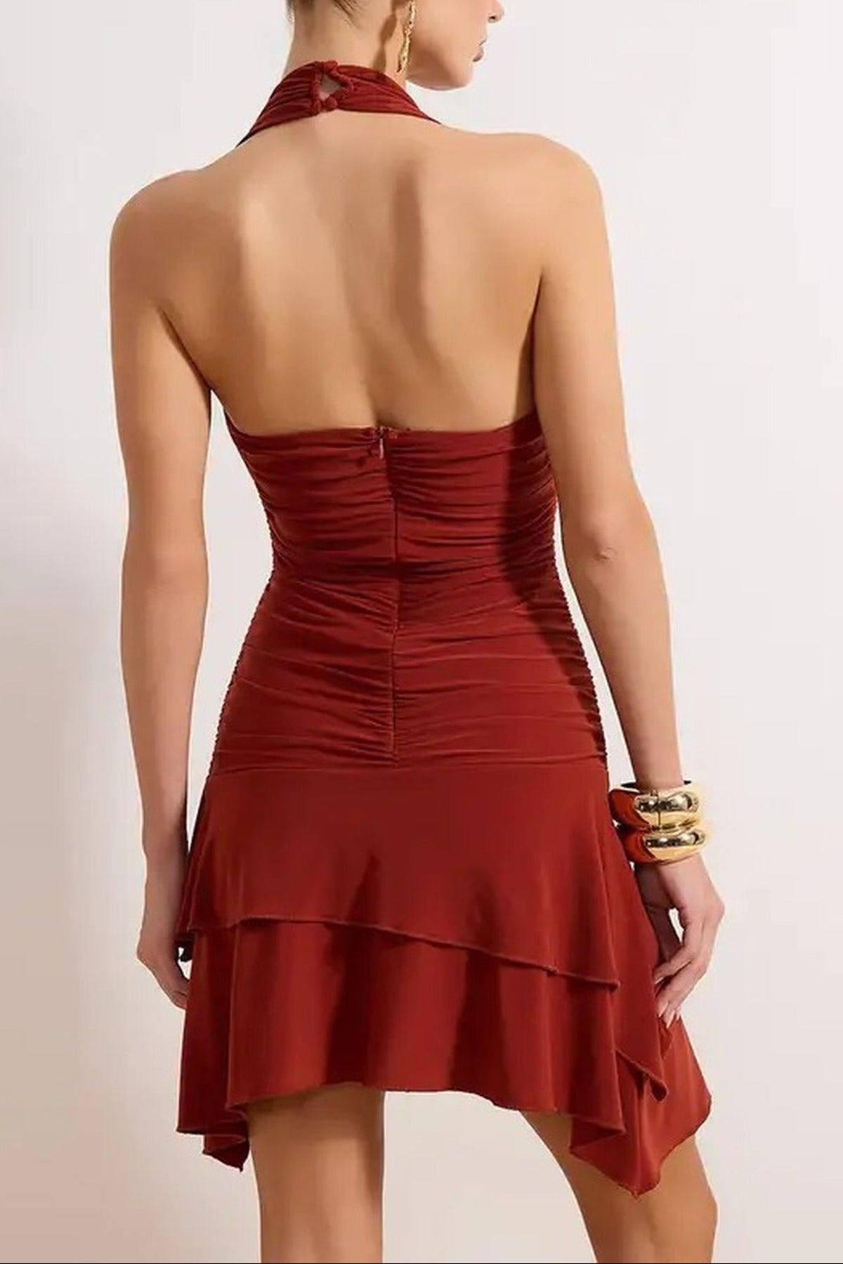 Halter Neck Ruched Detail Mini Dress with Flared Hem