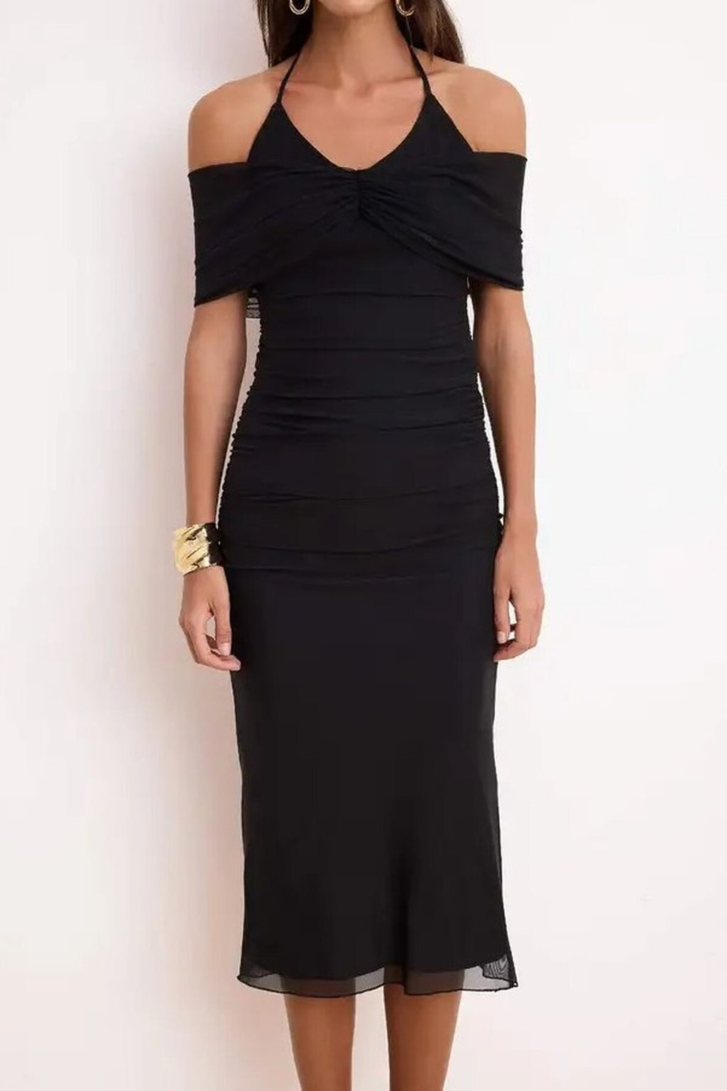 Draped Knitted Tulle Midi Lined Party Dress