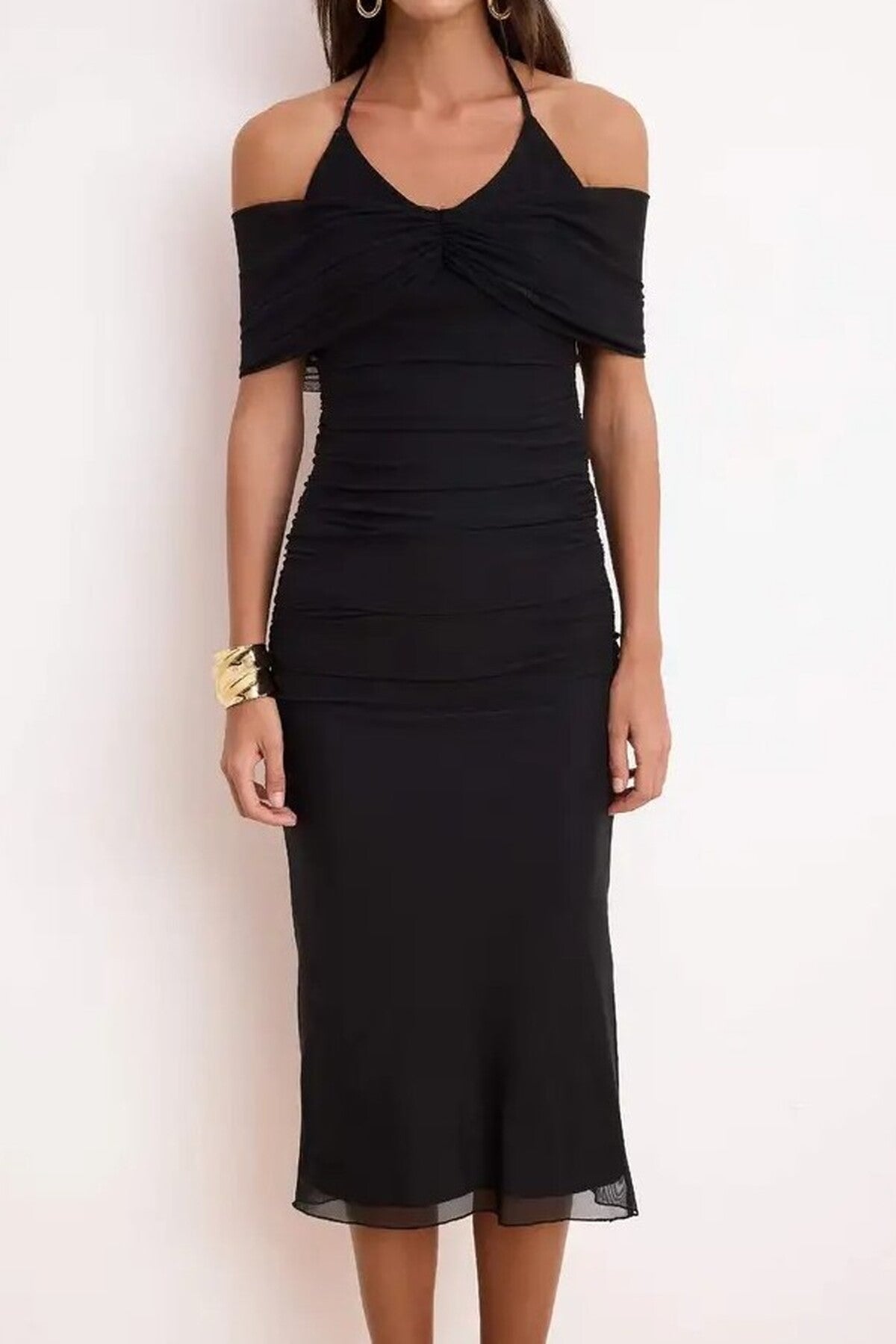 Draped Knitted Tulle Midi Lined Party Dress