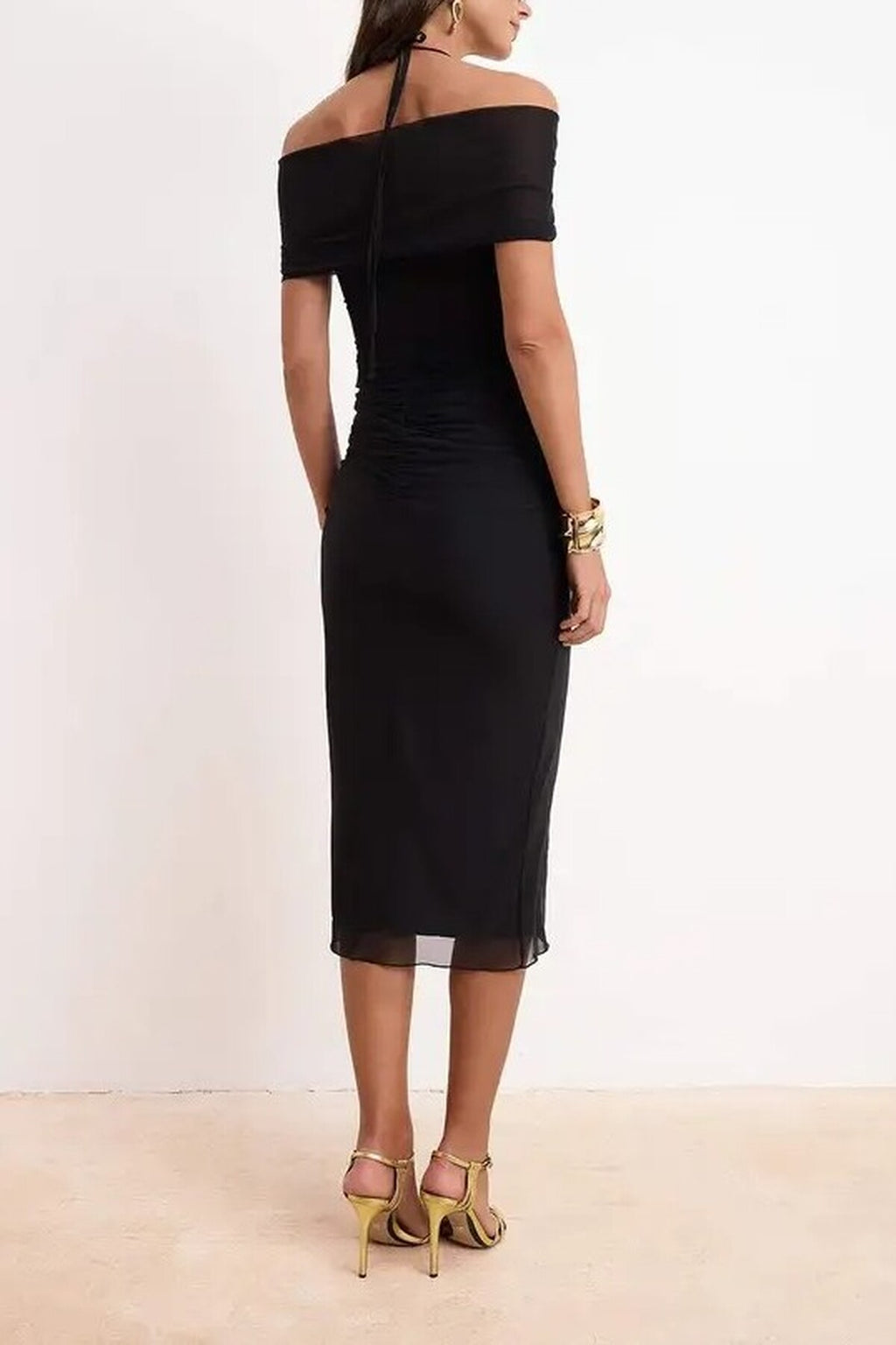 Draped Knitted Tulle Midi Lined Party Dress