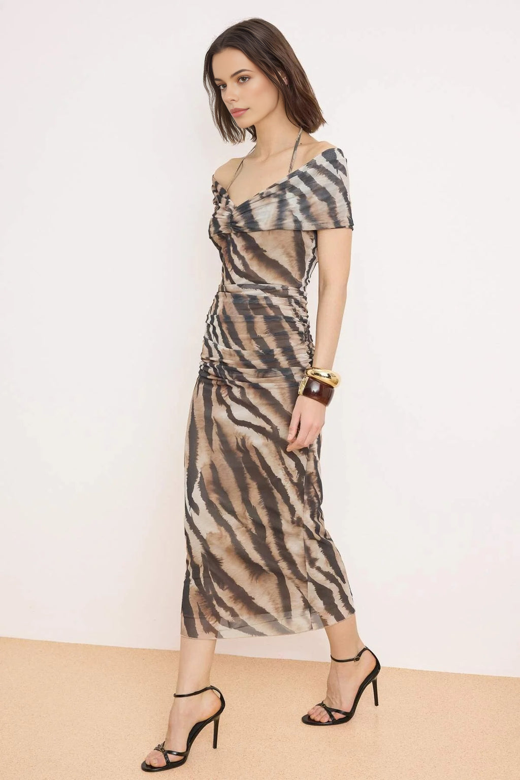 Draped Knitted Tulle Midi Lined Party Dress