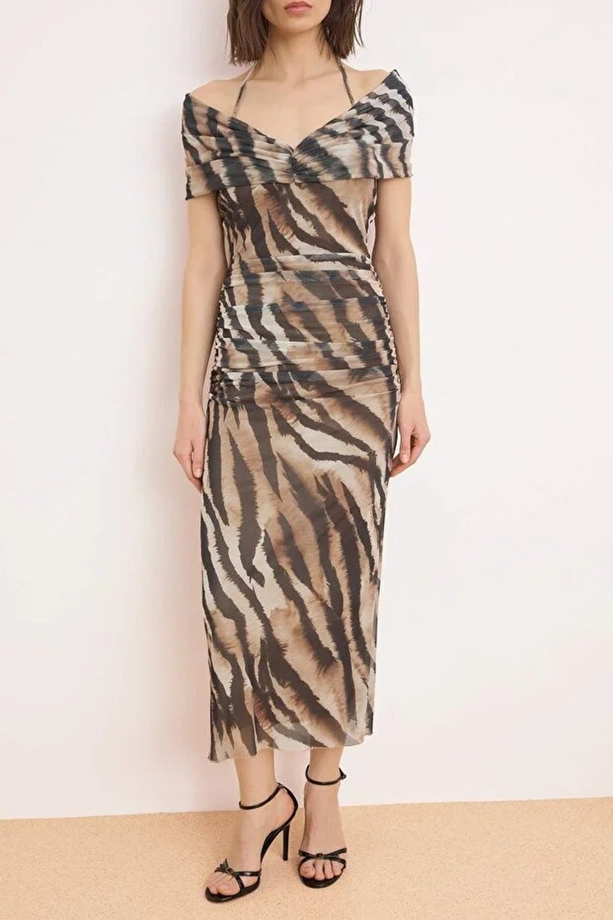 Draped Knitted Tulle Midi Lined Party Dress