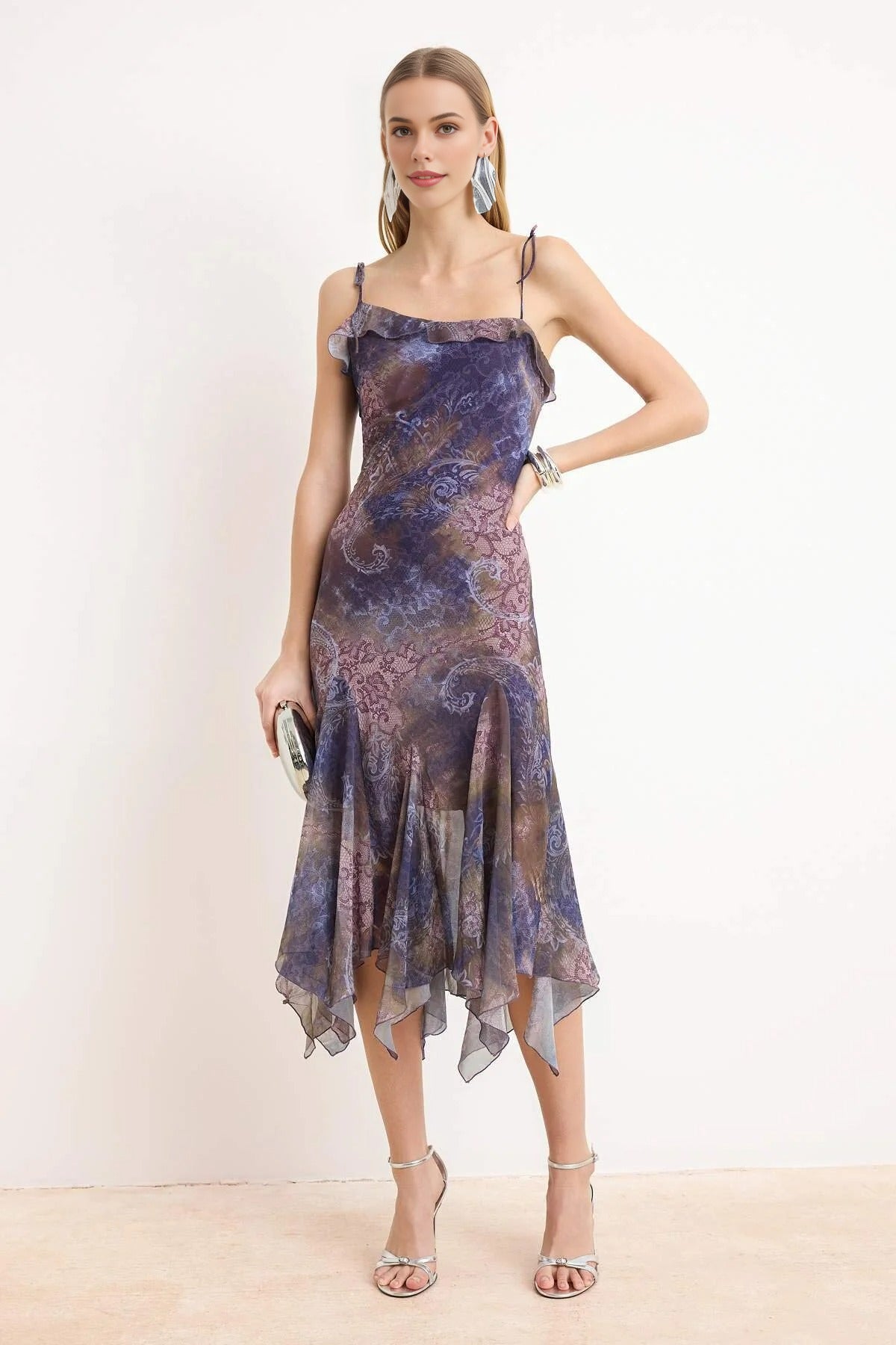 Abstract Pattern Chiffon Midi Lined Party Dress