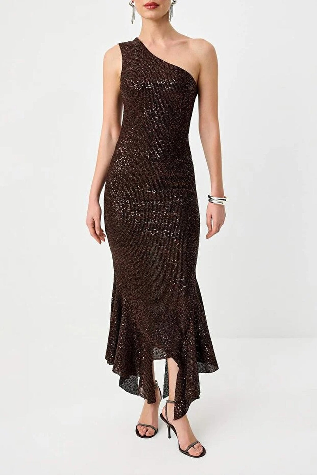 Sequin Embellished Asymmetric One Shoulder Maxi Dress