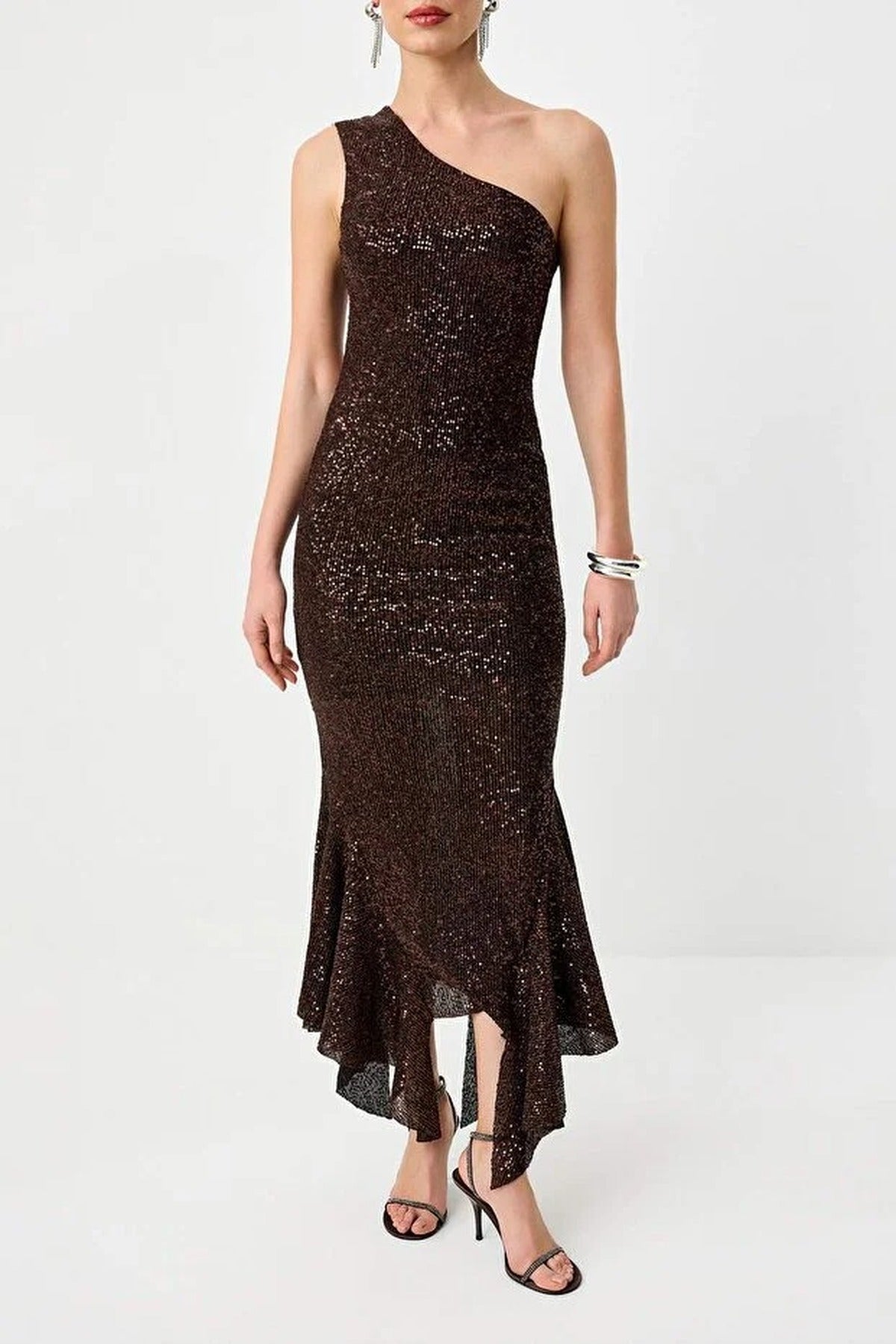 Sequin Embellished Asymmetric One Shoulder Maxi Dress