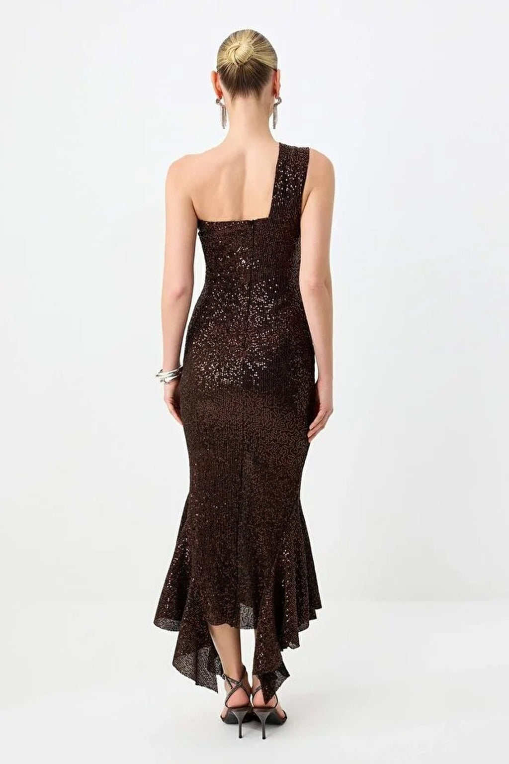 Sequin Embellished Asymmetric One Shoulder Maxi Dress