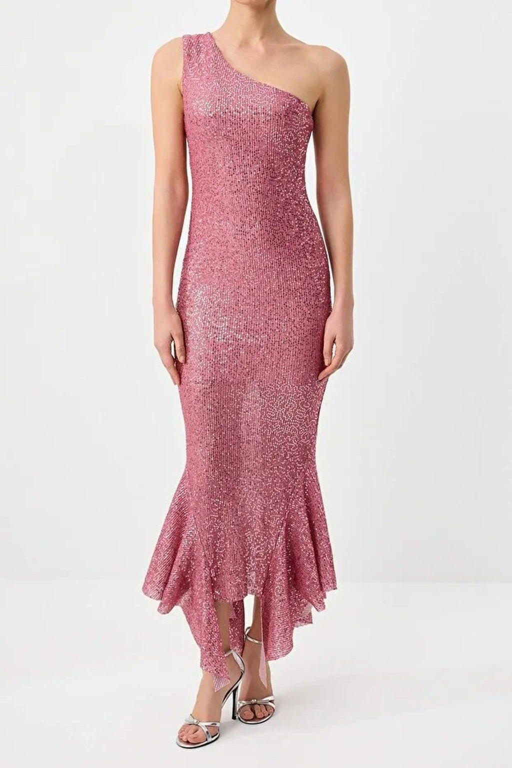 Sequin Embellished Asymmetric One Shoulder Maxi Dress