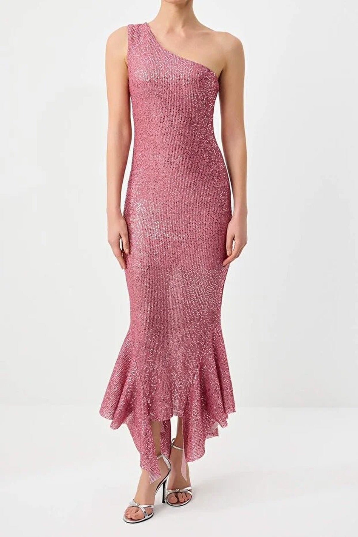 Sequin Embellished Asymmetric One Shoulder Maxi Dress