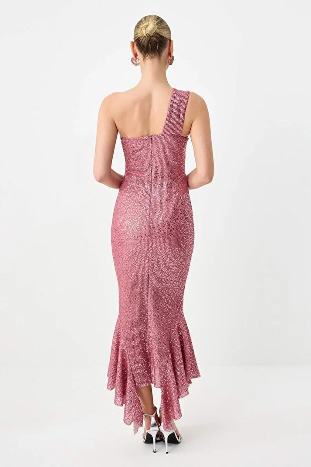 Sequin Embellished Asymmetric One Shoulder Maxi Dress
