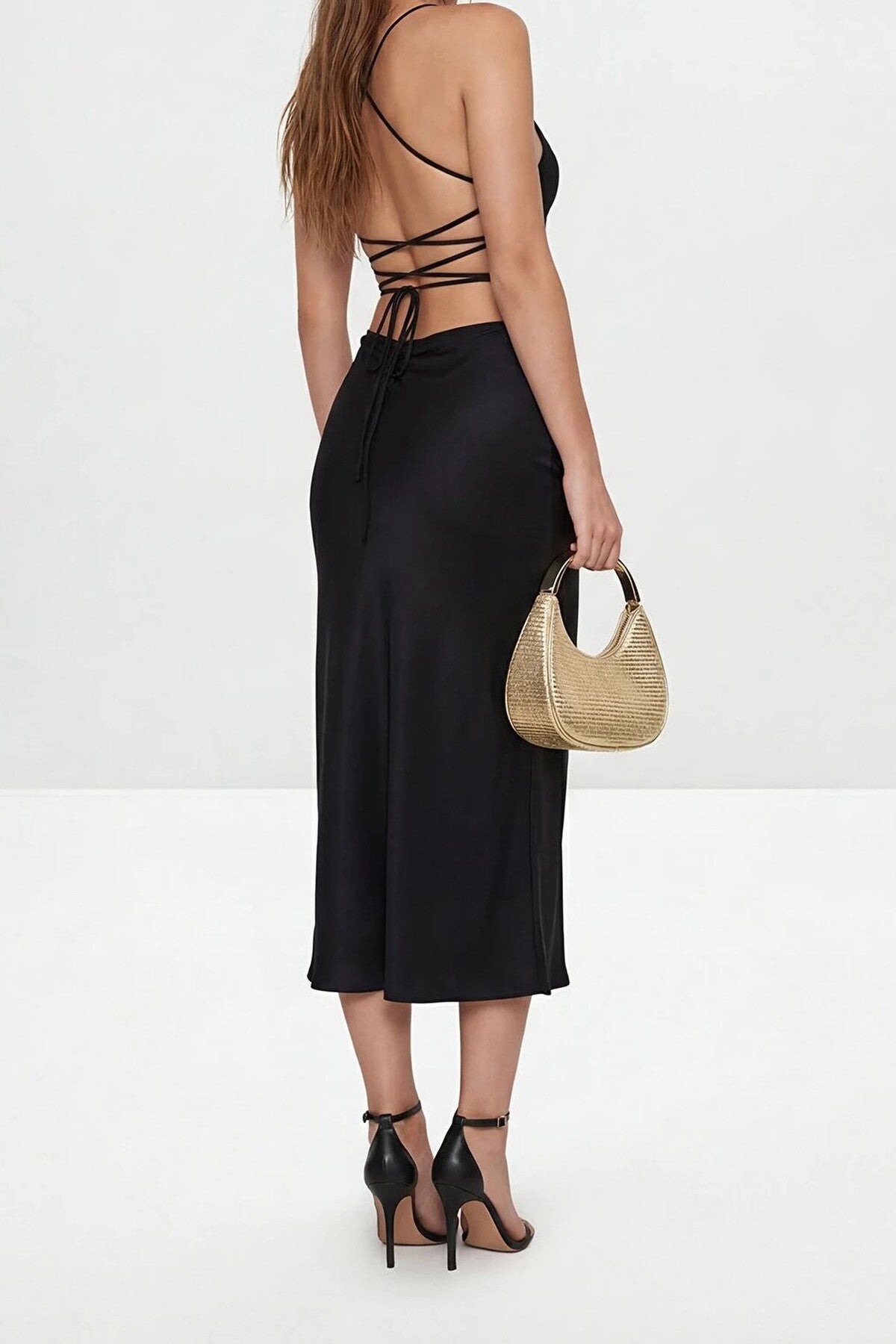 Backless Lace-up Strap Slit Detail Party Dress
