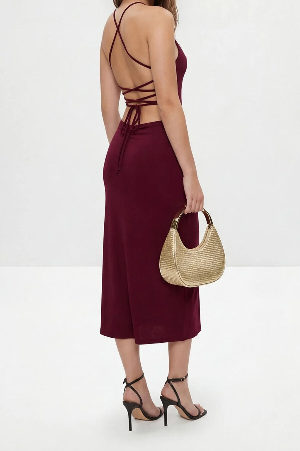 Backless Lace-up Strap Slit Detail Party Dress