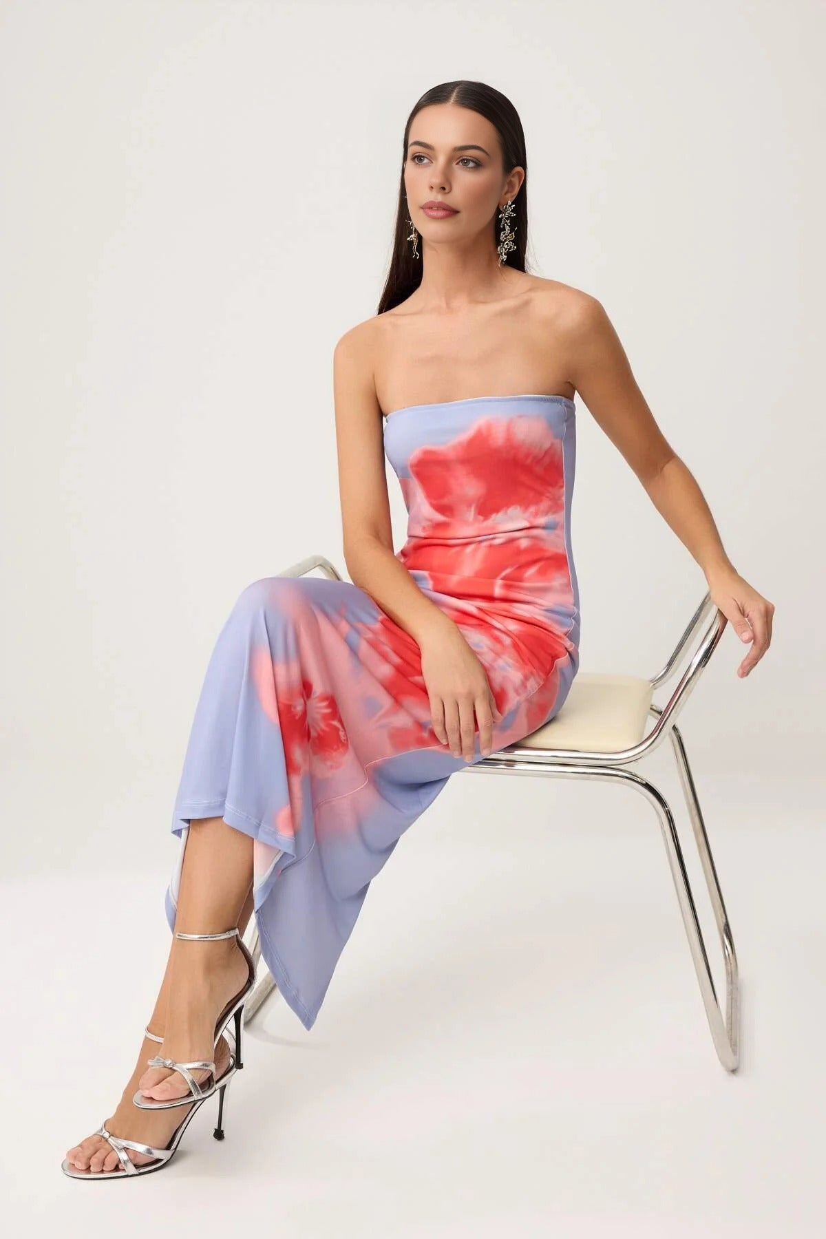 Floral Print Tulle Lined Strapless Bodycon Maxi Dress