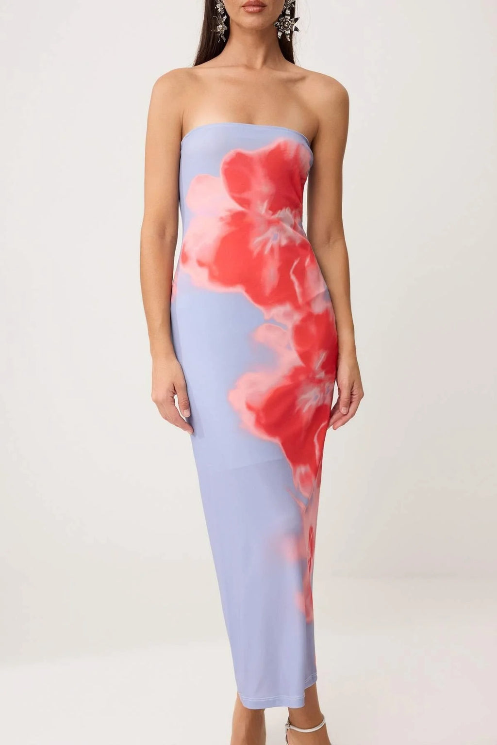 Floral Print Tulle Lined Strapless Bodycon Maxi Dress