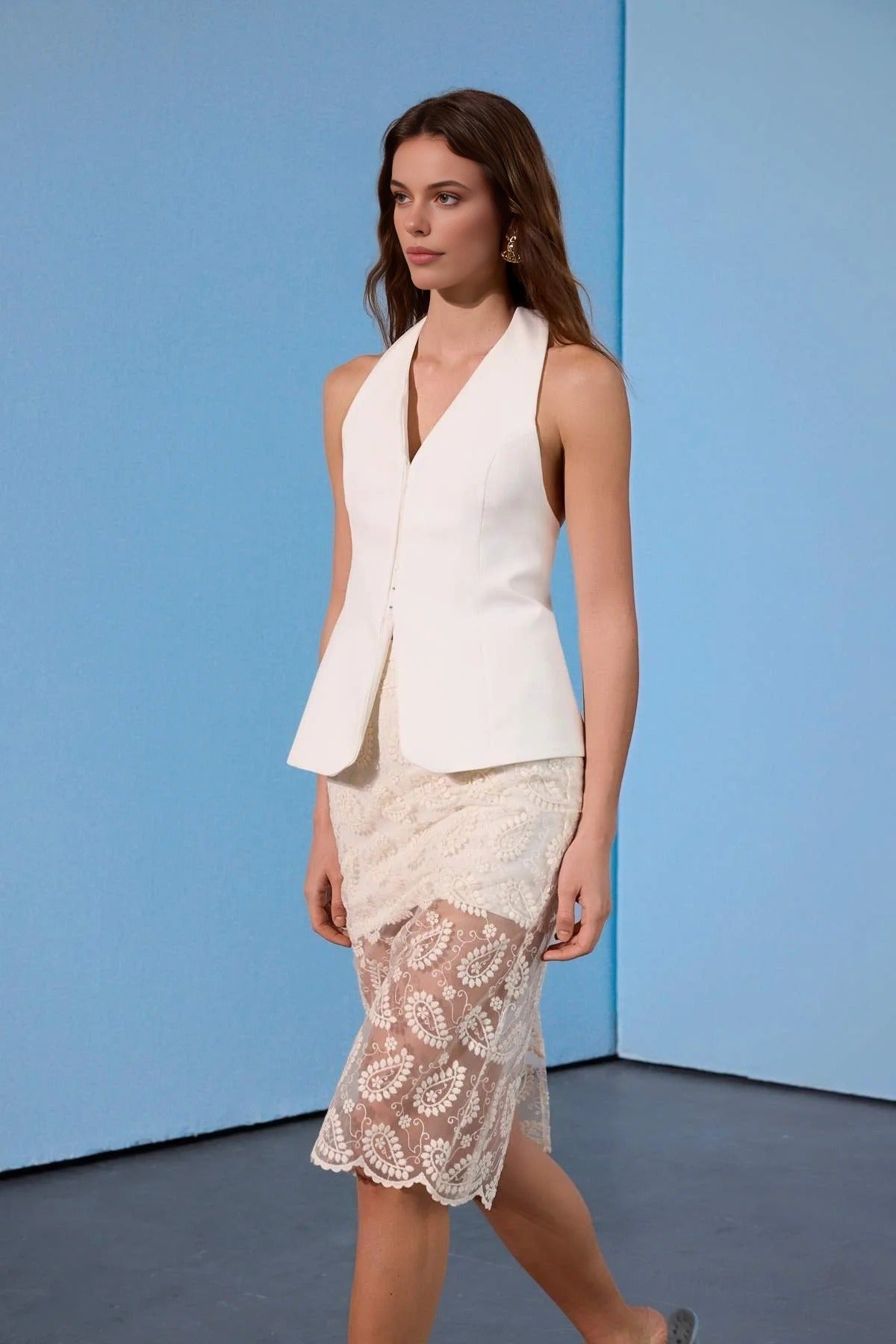 High Waist Embroidered Tulle Midi Skirt