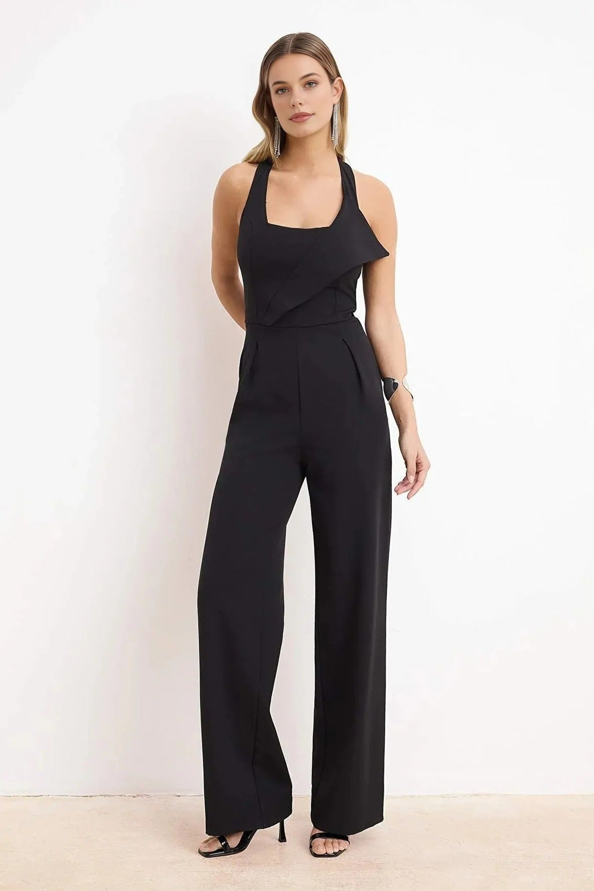 Asymmetrical Neck Sleeveless Woven Jumpsuit