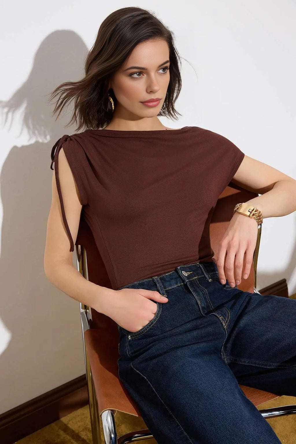 Regular Asymmetrical Collar Gathered Soft Knit Blouse