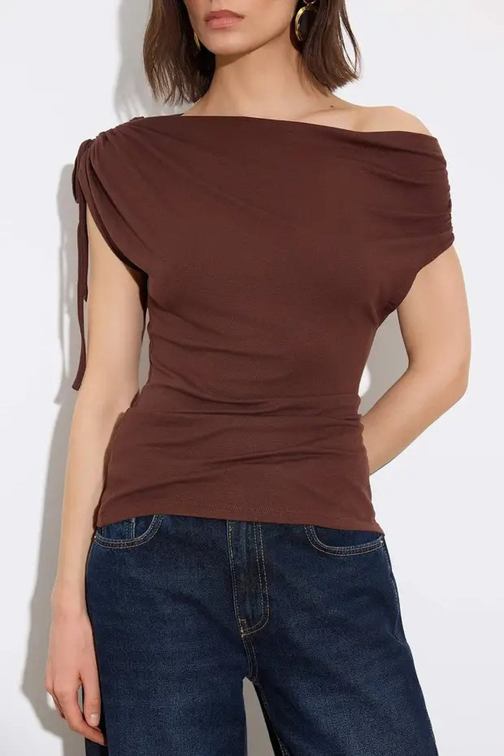 Regular Asymmetrical Collar Gathered Soft Knit Blouse