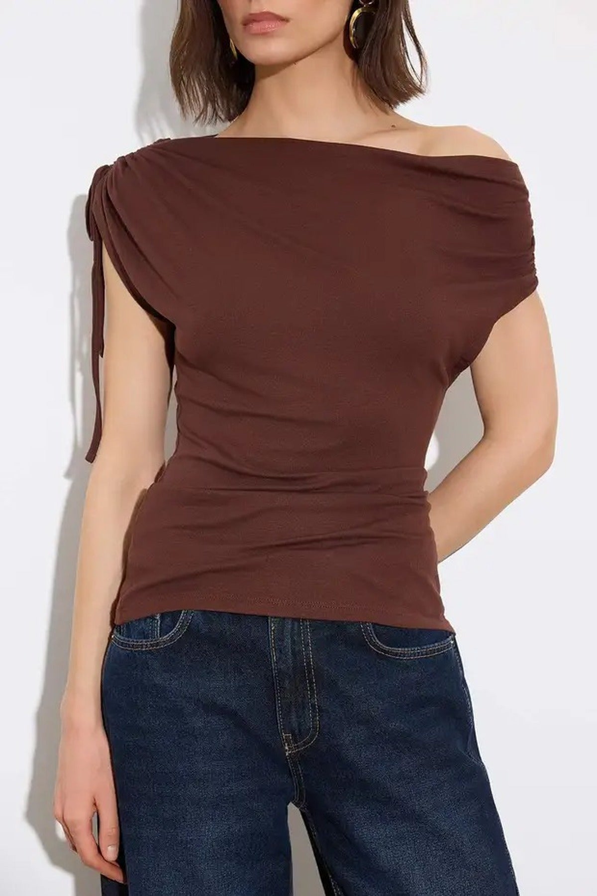 Regular Asymmetrical Collar Gathered Soft Knit Blouse
