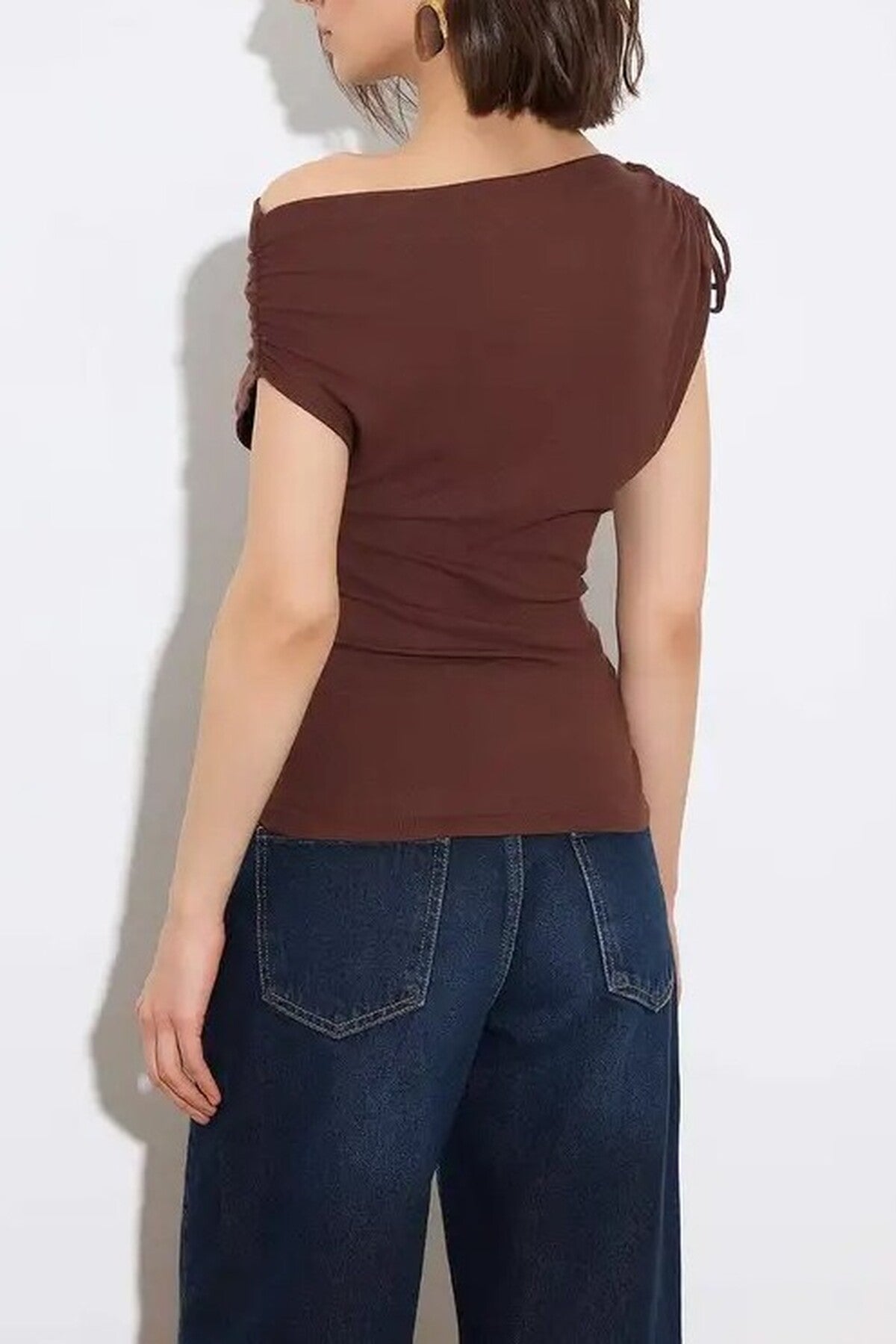 Regular Asymmetrical Collar Gathered Soft Knit Blouse