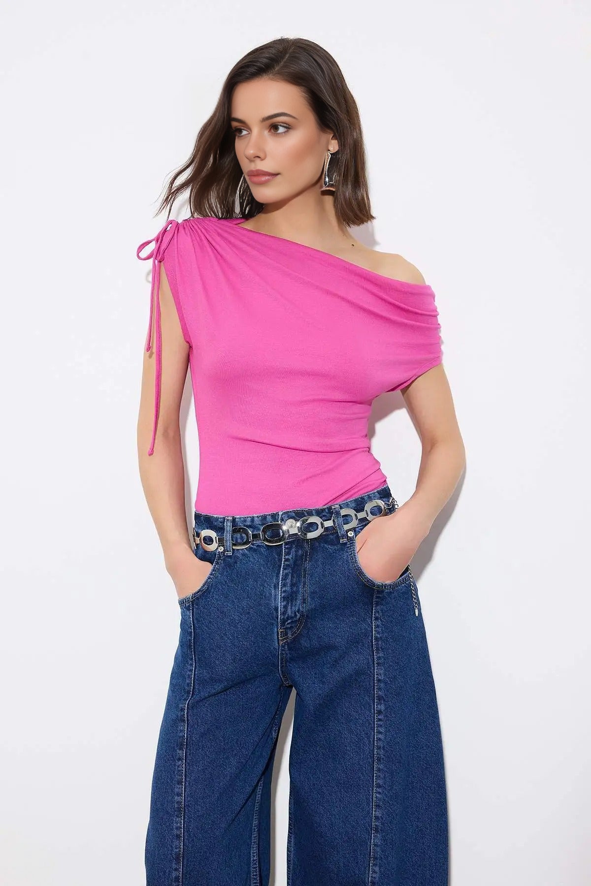 Regular Asymmetrical Collar Gathered Soft Knit Blouse