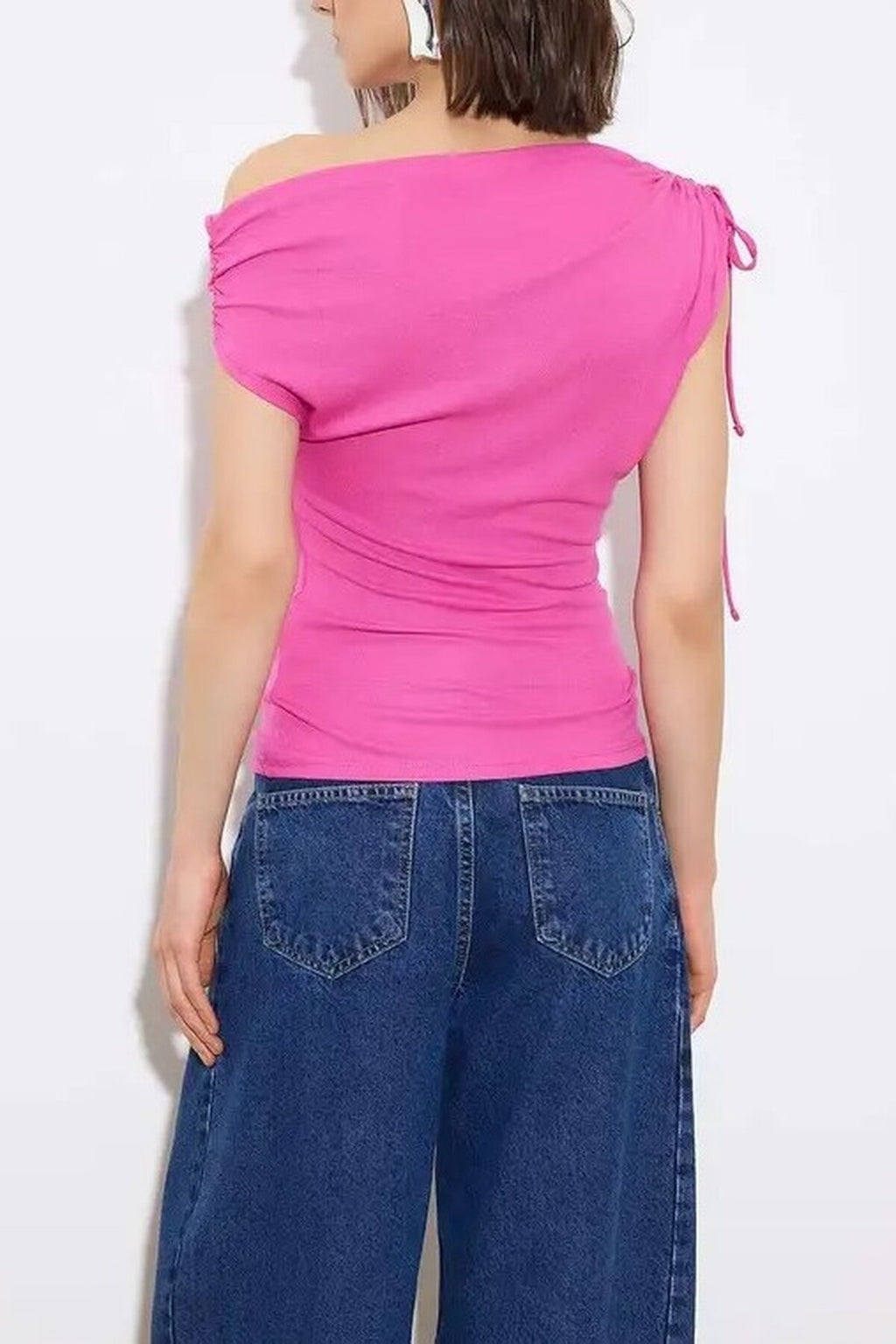 Regular Asymmetrical Collar Gathered Soft Knit Blouse