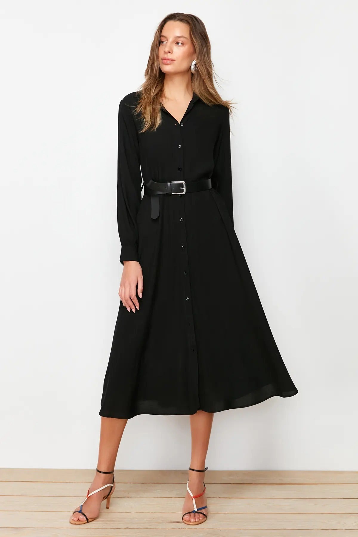 Belted Long Sleeve Midi Shirt Dress