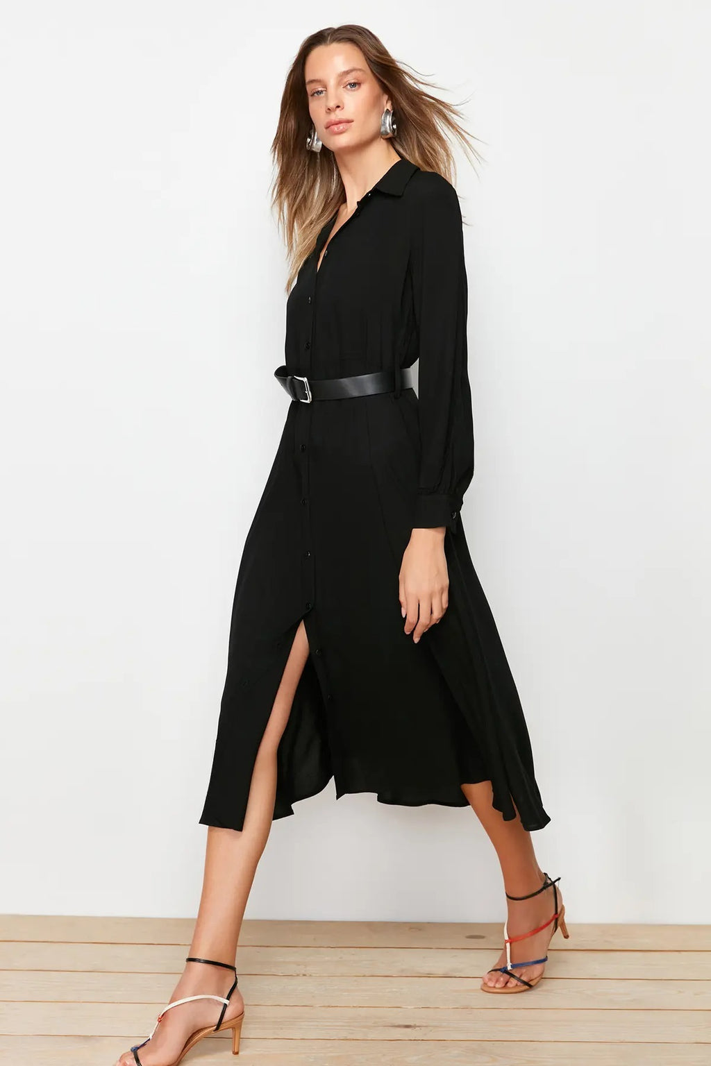 Belted Long Sleeve Midi Shirt Dress