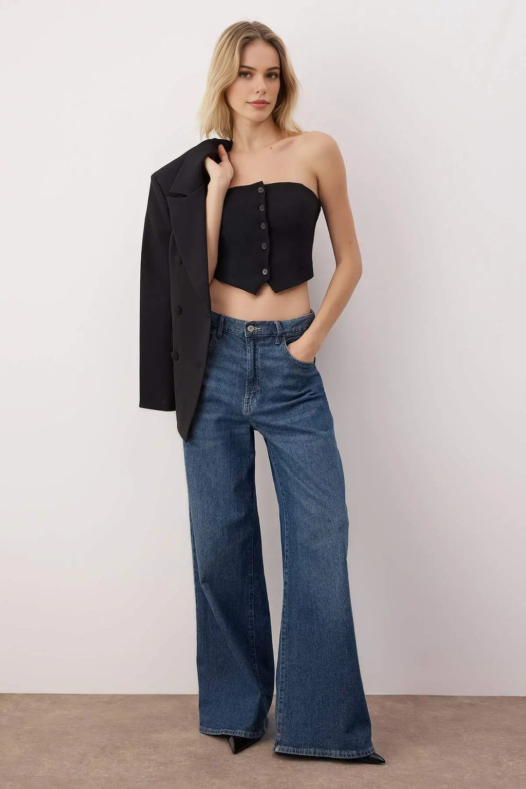 Strapless Button Detail Crop Woven Blouse